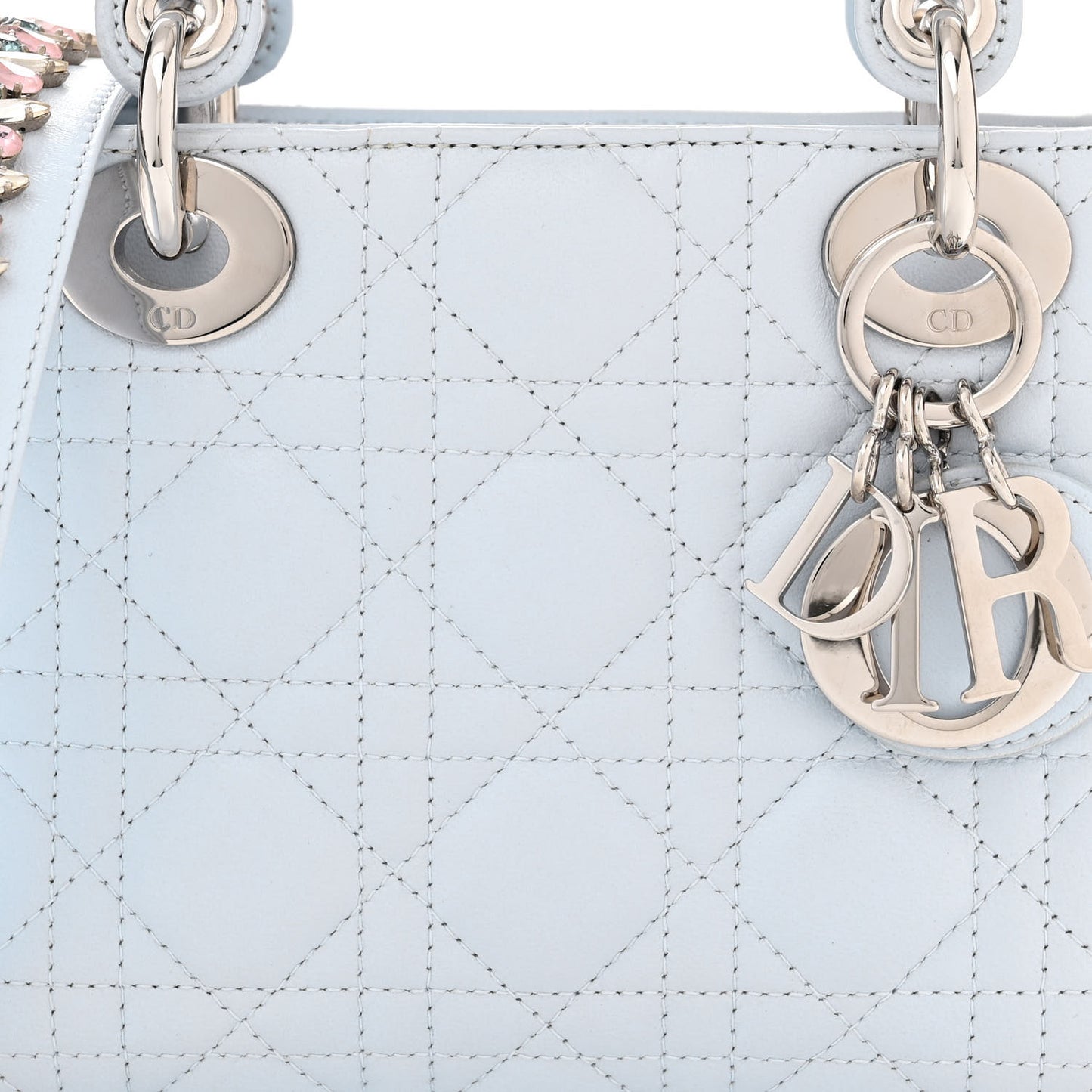 Lambskin Cannage Mini Lady Dior Crystal Strap Light Blue