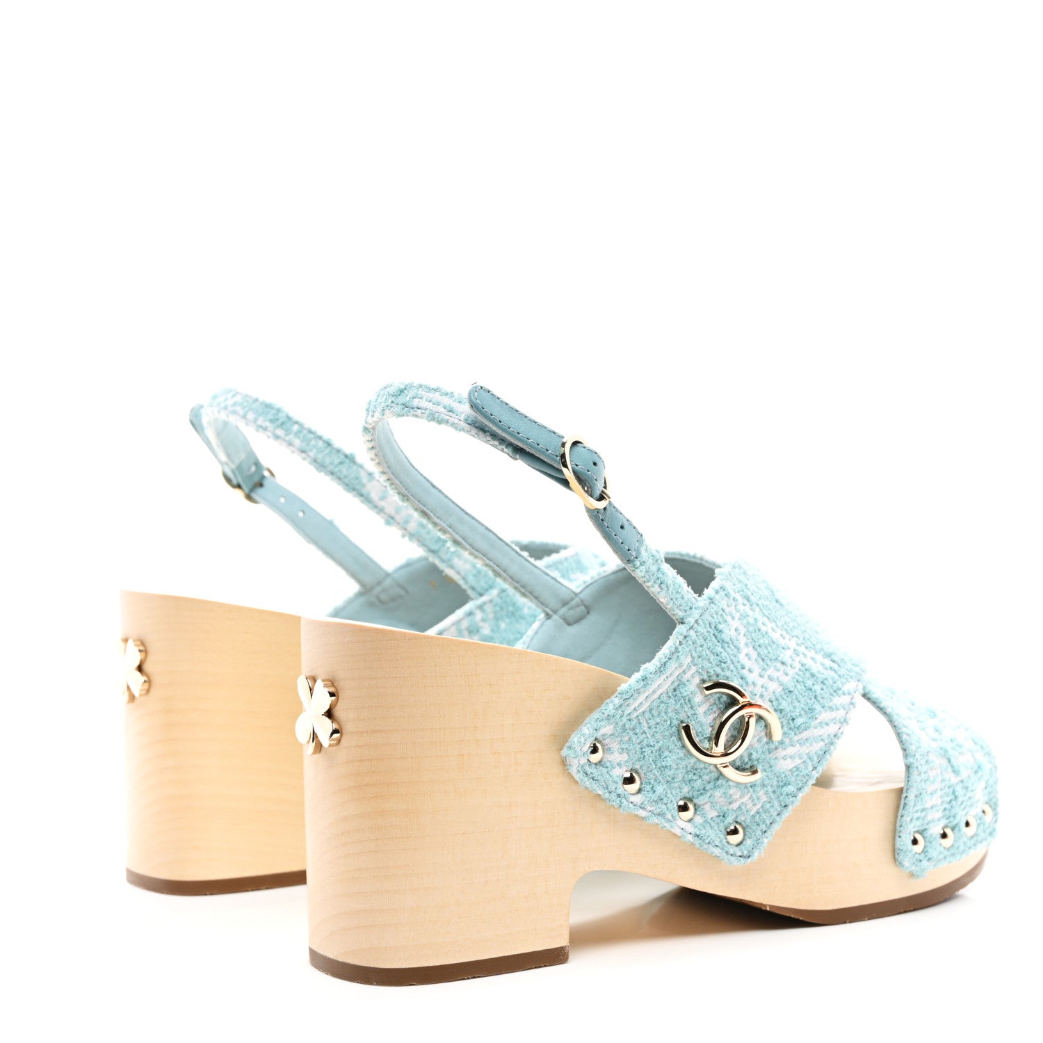 Chanel Jacquard Studded Slingback Clog Sandals 39 Turquoise White 4 of 9