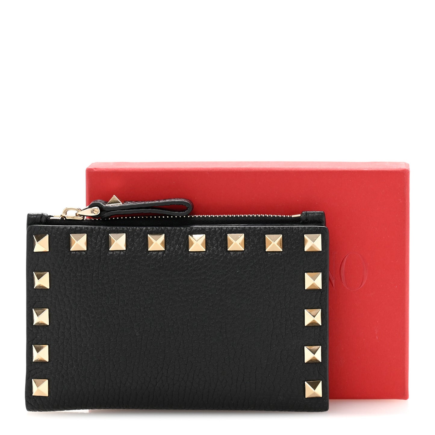 Pebbled Calfskin Rockstud Coin Case Card Holder Black