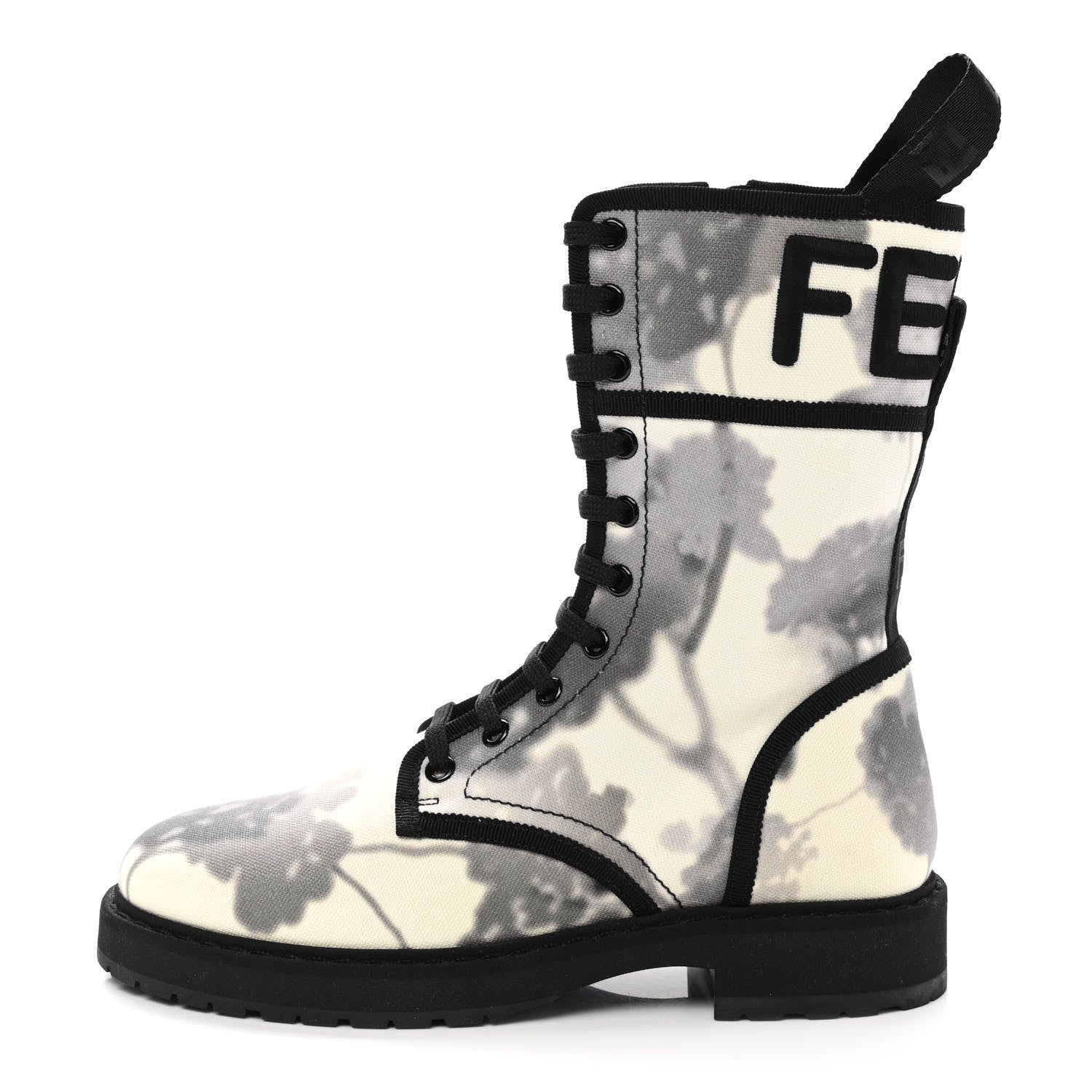 Fendi Canvas Floral Print Logo Bi-Color Womens Biker Boots 37 White Black 1 of 8