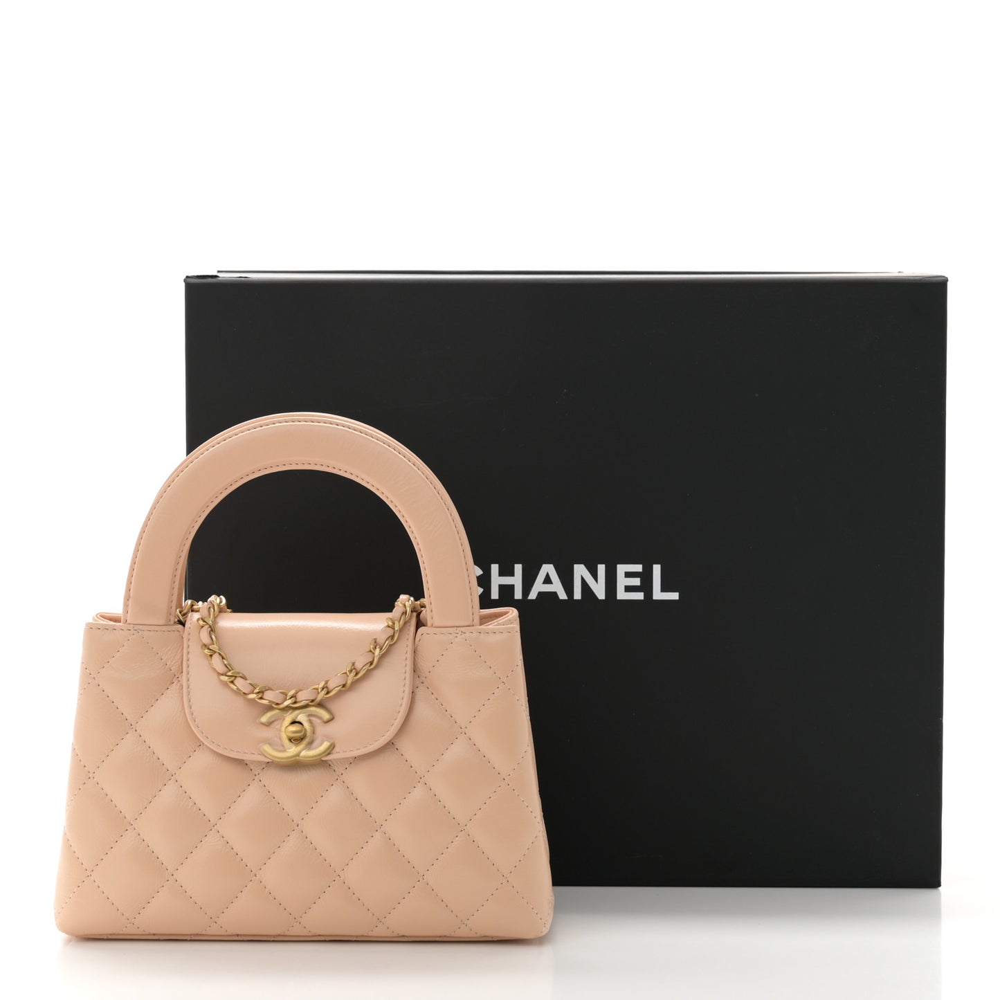 Shiny Aged Calfskin Quilted Nano Kelly Shopper Beige