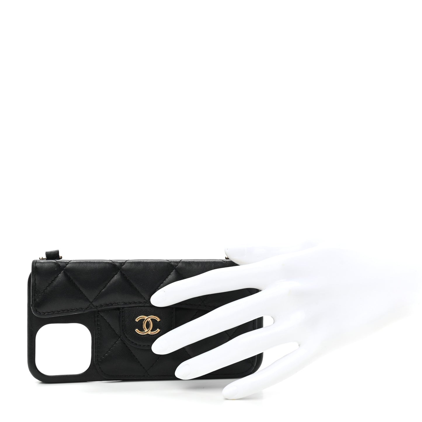 Lambskin Quilted Pearl Crush iPhone XII Pro Holder With Chain Black
