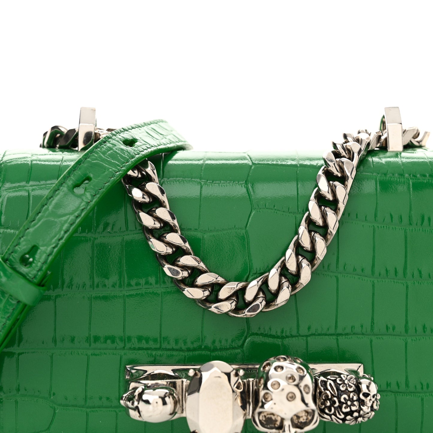 Calfskin Crocodile Embossed Knuckle Shoulder Bag Green