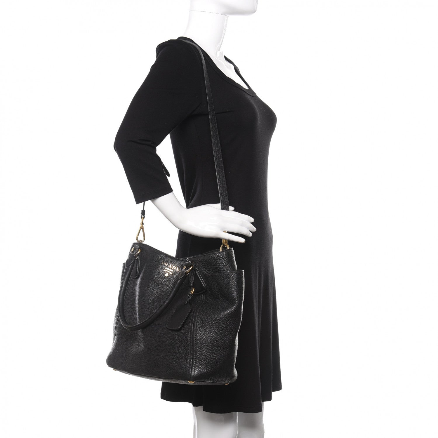 Prada Vitello Daino Side Pocket Tote Black 2 of 16