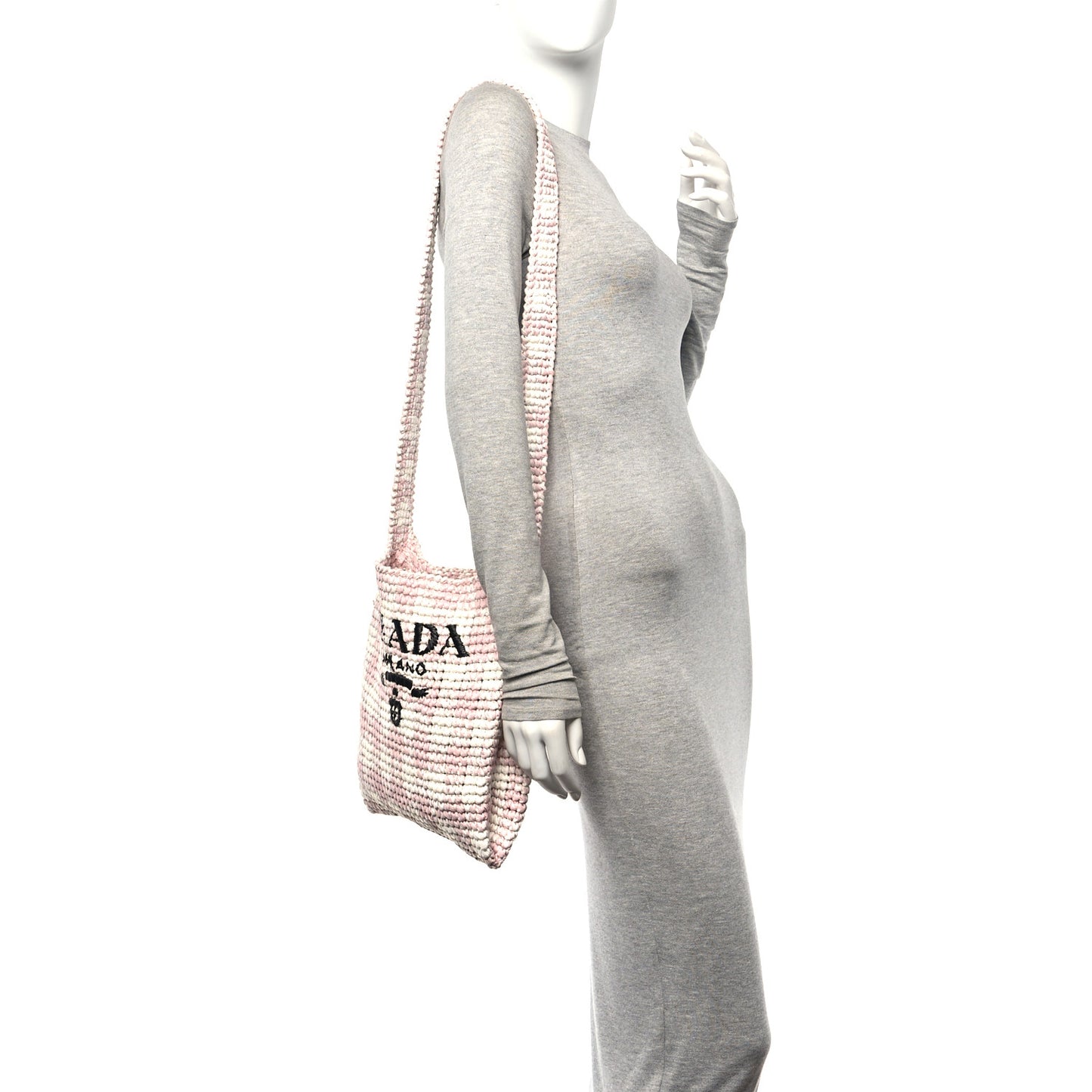 Yarn Raffia Effect Crochet Embroidered Logo Tote Messenger Bag Pink