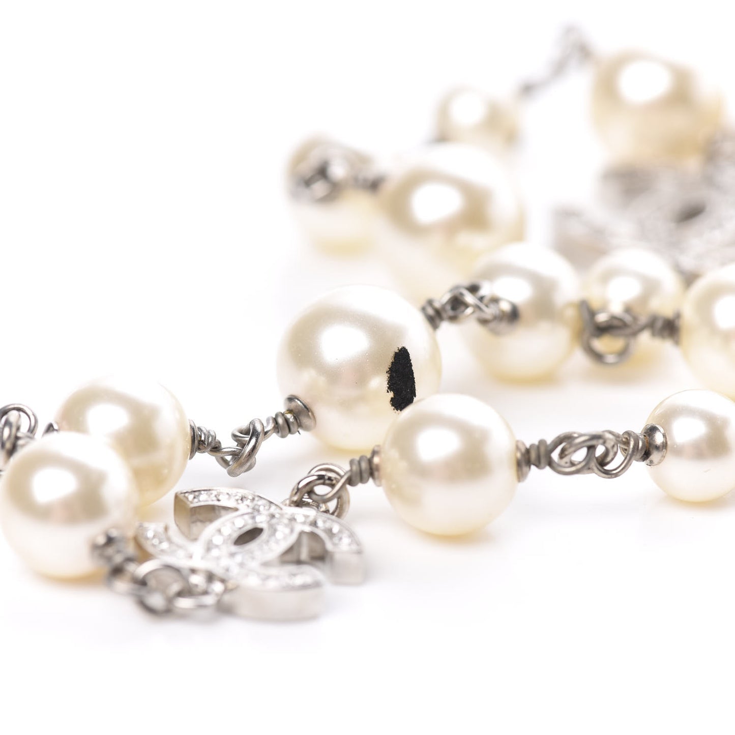 Crystal Pearl CC Long Necklace Silver