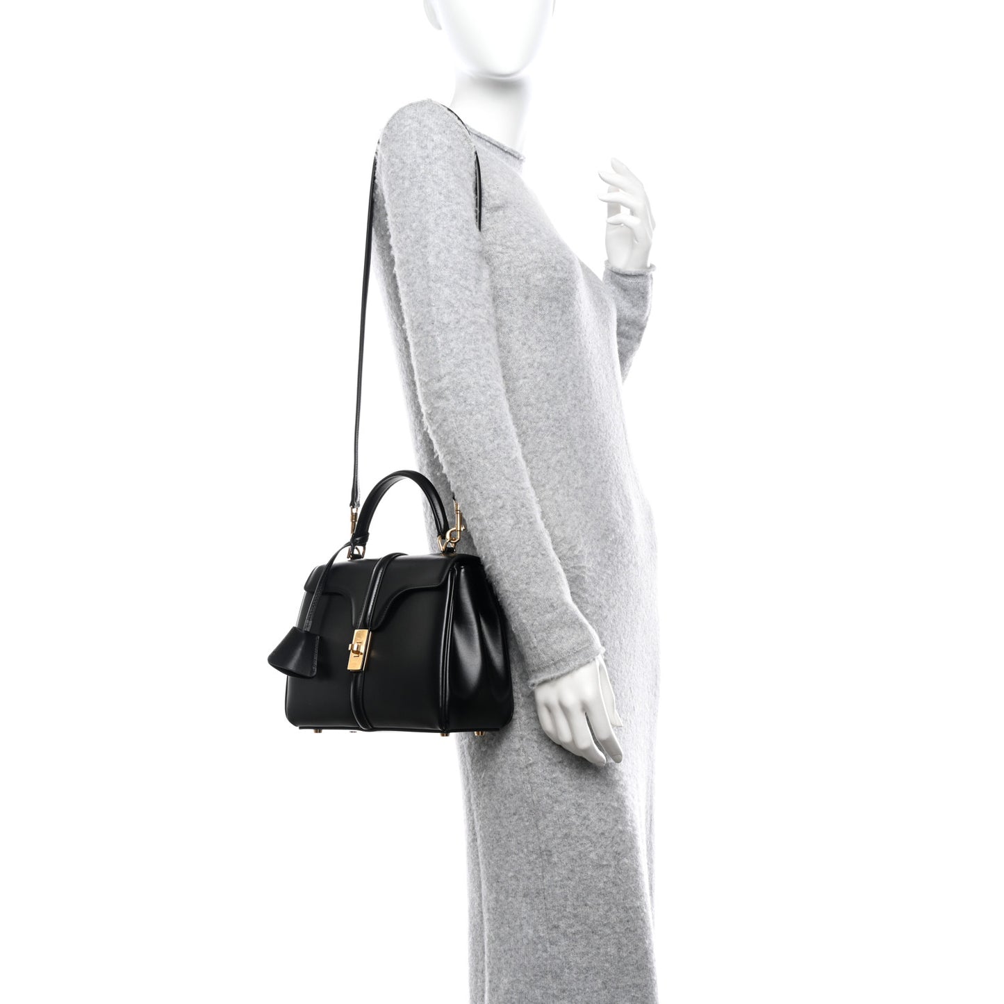 Satinated Calfskin Small 16 Top Handle Bag Black