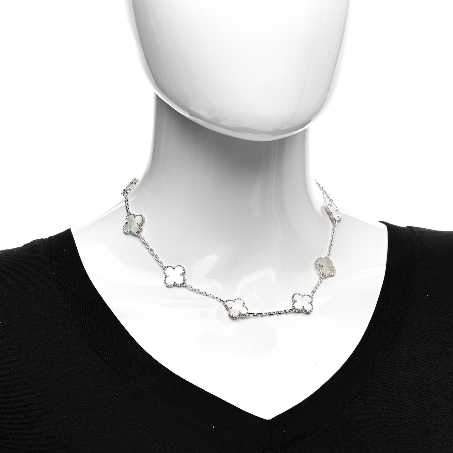18K White Gold Mother of Pearl 10 Motifs Vintage Alhambra Necklace