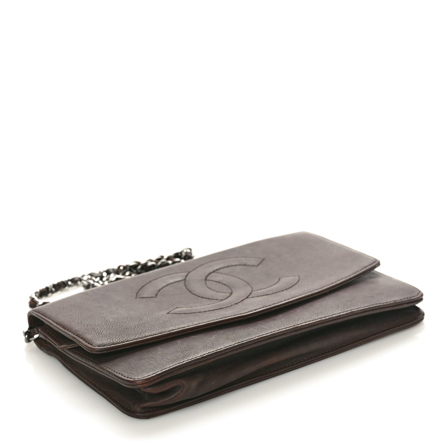 Lambskin Timeless CC Wallet on Chain WOC Dark Brown