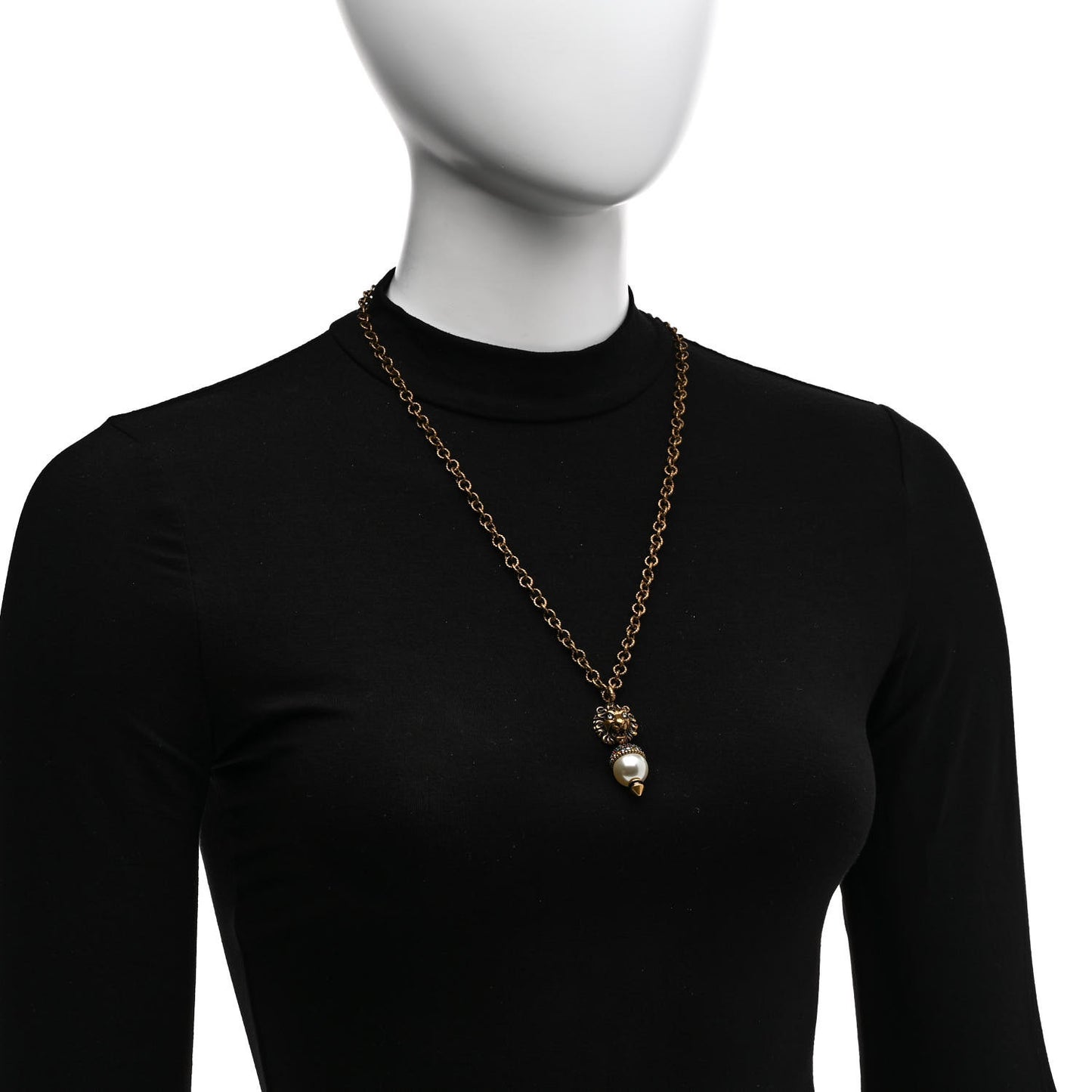 Metal Crystal Pearl Lion Head Necklace Aged Gold