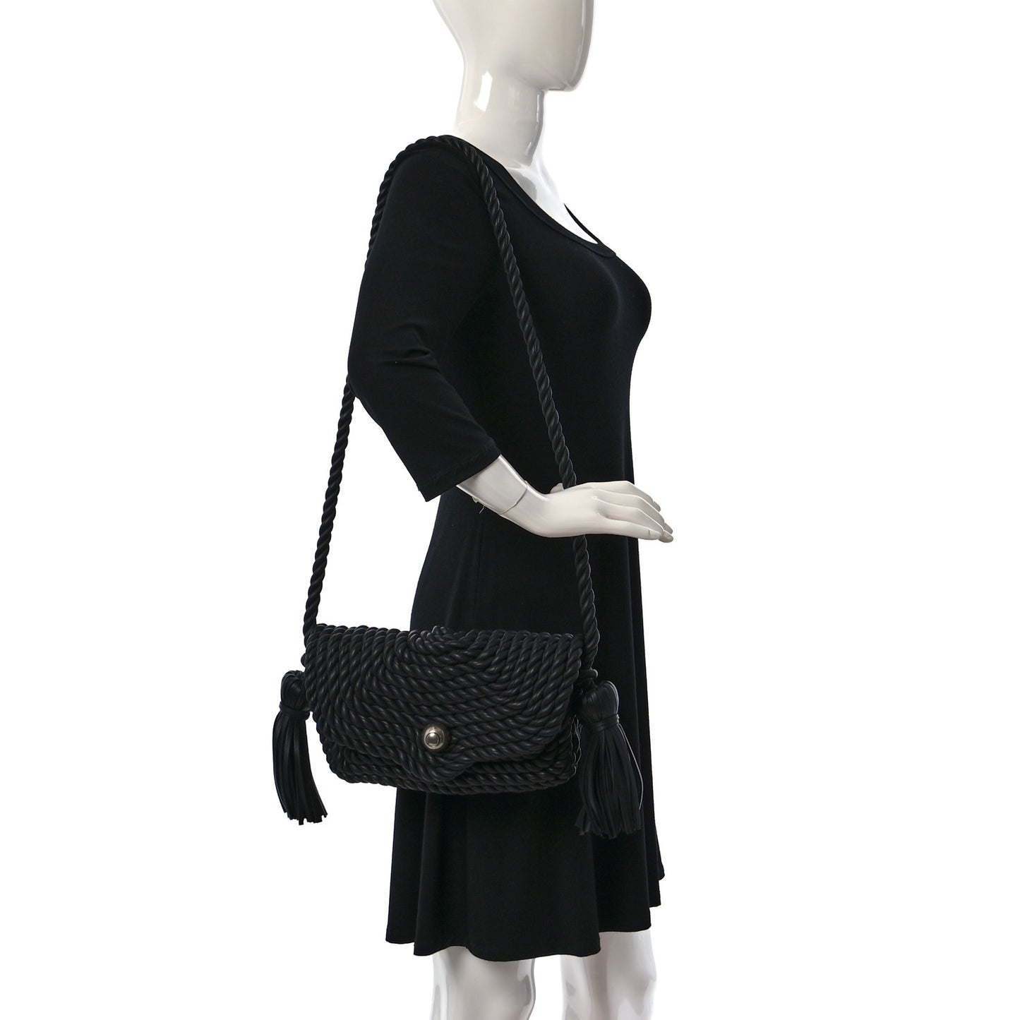 Lambskin Torchon Tasseled Twisted Shoulder Bag Black