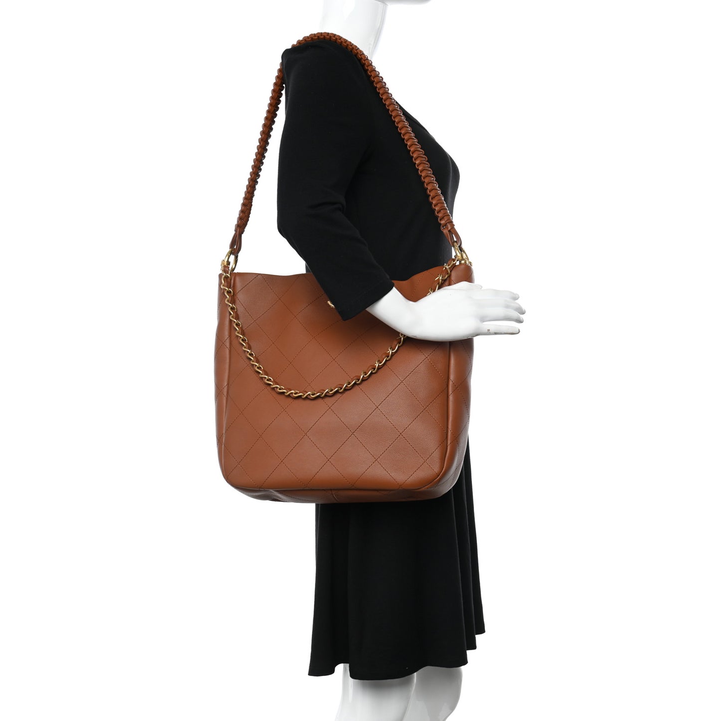 Calfskin Quilted Braided Handle Chain Hobo Brown