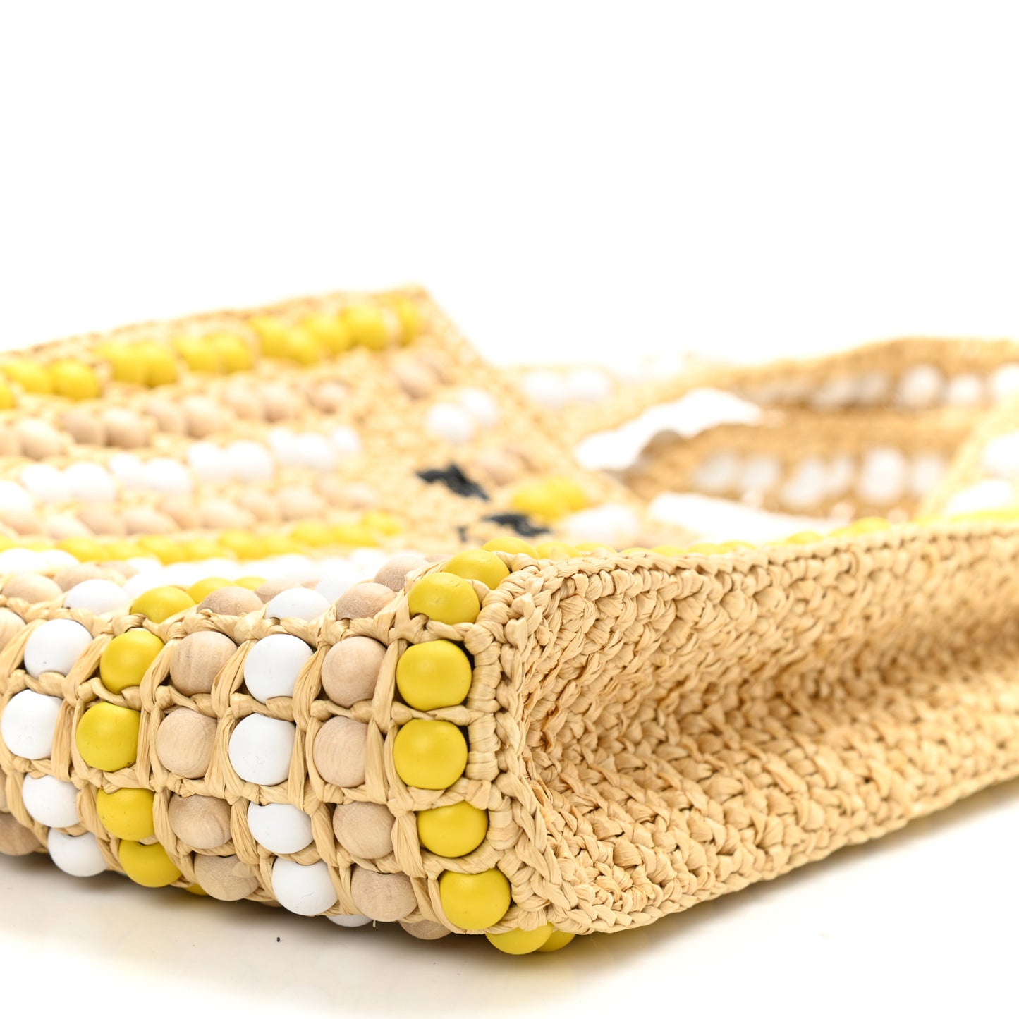 Raffia Wood Bead Embroidered Logo Tote Bag Naturale