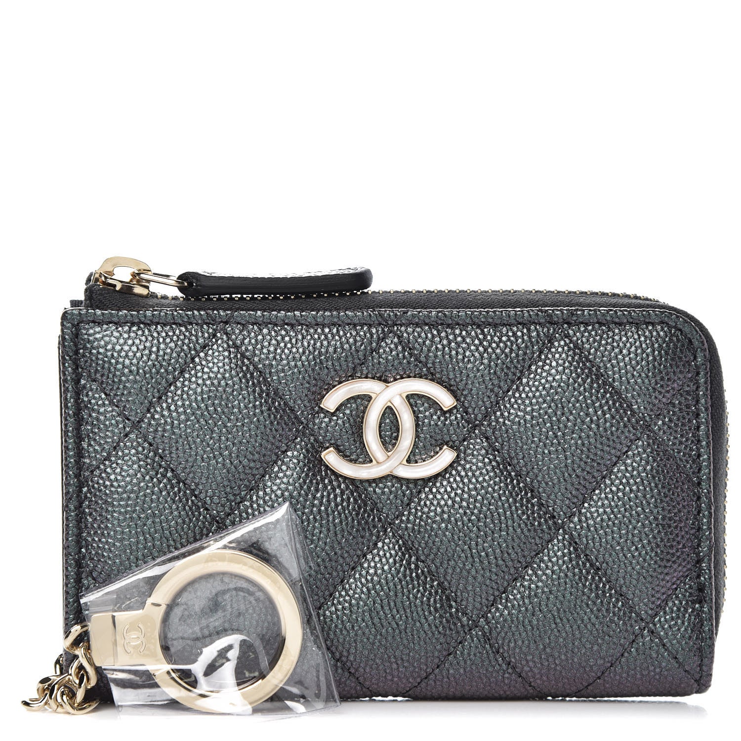 Chanel Iridescent Caviar Quilted Zipped Key Holder Case Black
