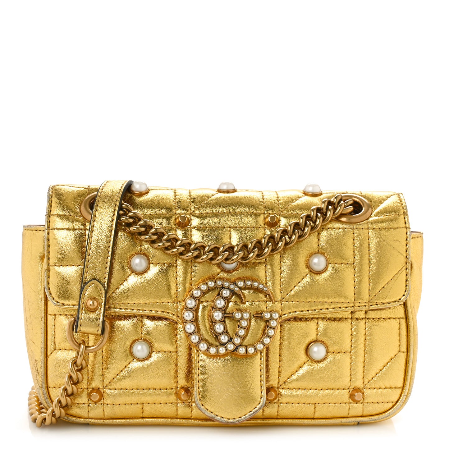 Metallic Calfskin Matelasse Studded Mini Pearly GG Marmont Shoulder Bag Gold