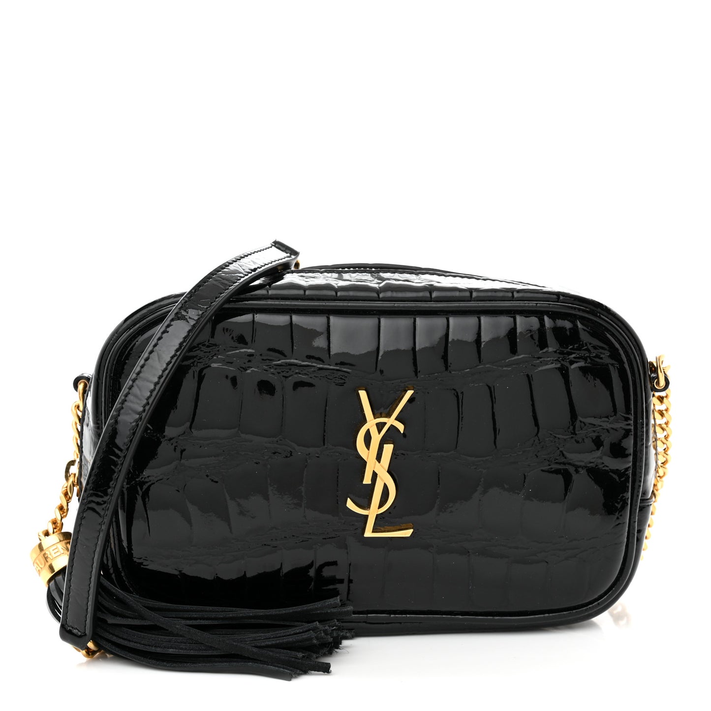 Patent Calfskin Crocodile Embossed Monogram Mini Lou Camera Bag Black