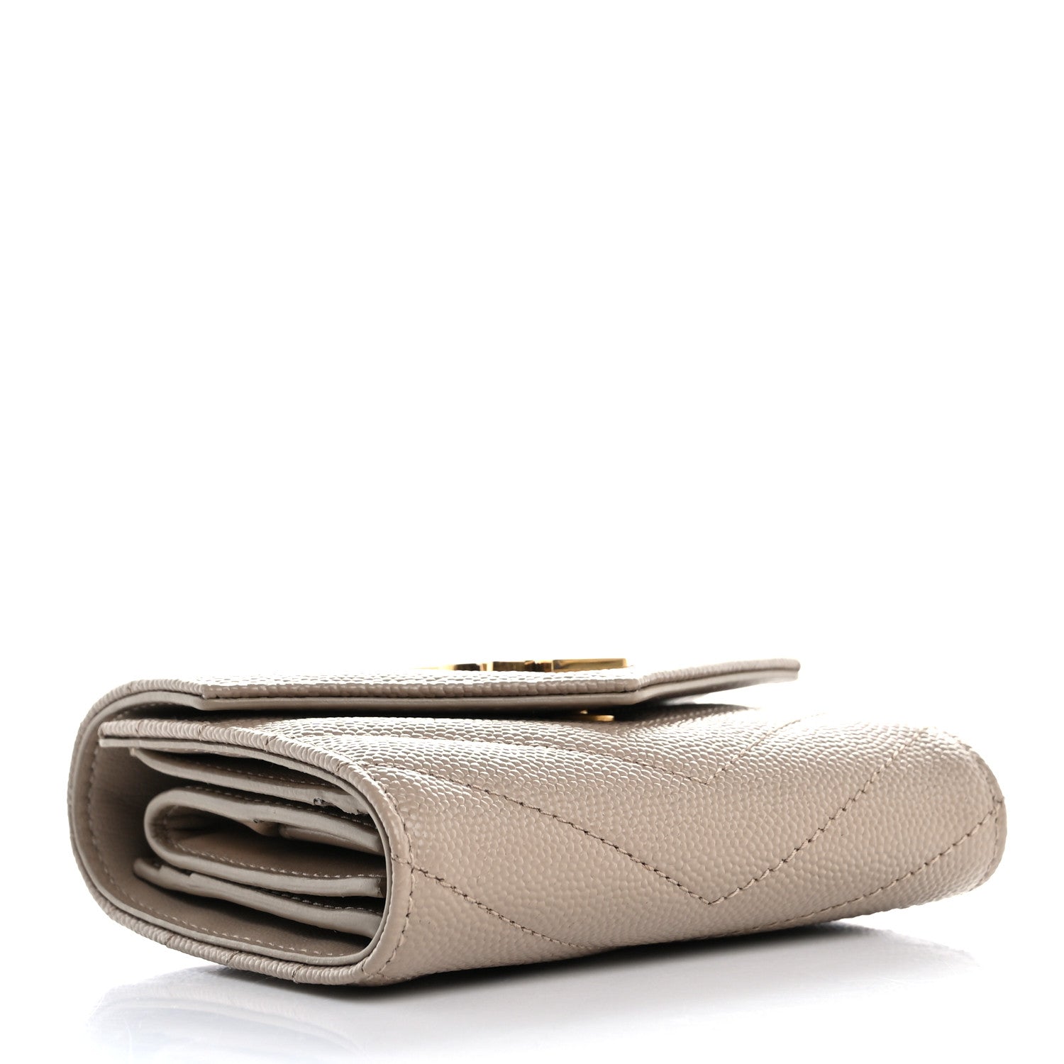 Saint Laurent Grain De Poudre Matelasse Chevron Cassandre Monogram Compact Tri Fold Wallet Dark Beige 4 of 10