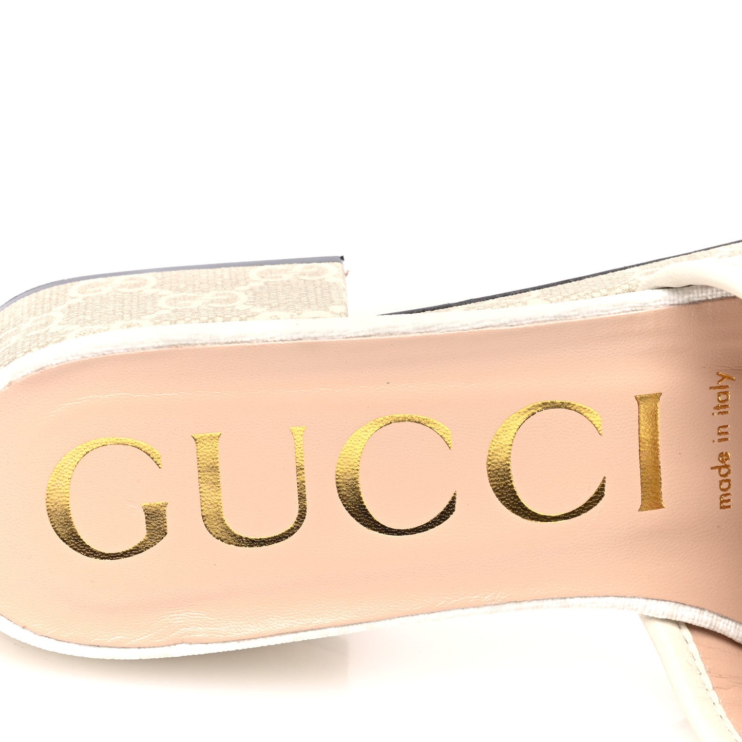 GG Supreme Monogram Malaga Kid Platform Mule Sandals 37 White Mystic White