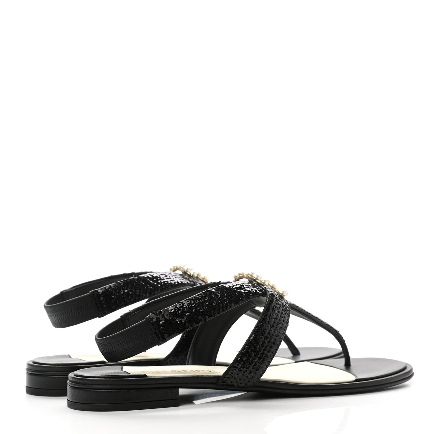 Lambskin Sequin Pearl CC Thong Sandals 41 Black