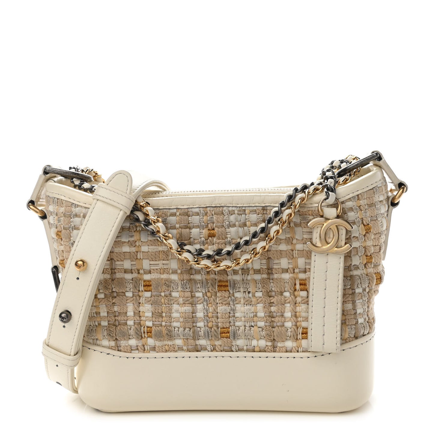 Woven Nylon Calfskin Quilted Small Gabrielle Hobo Beige Ivory