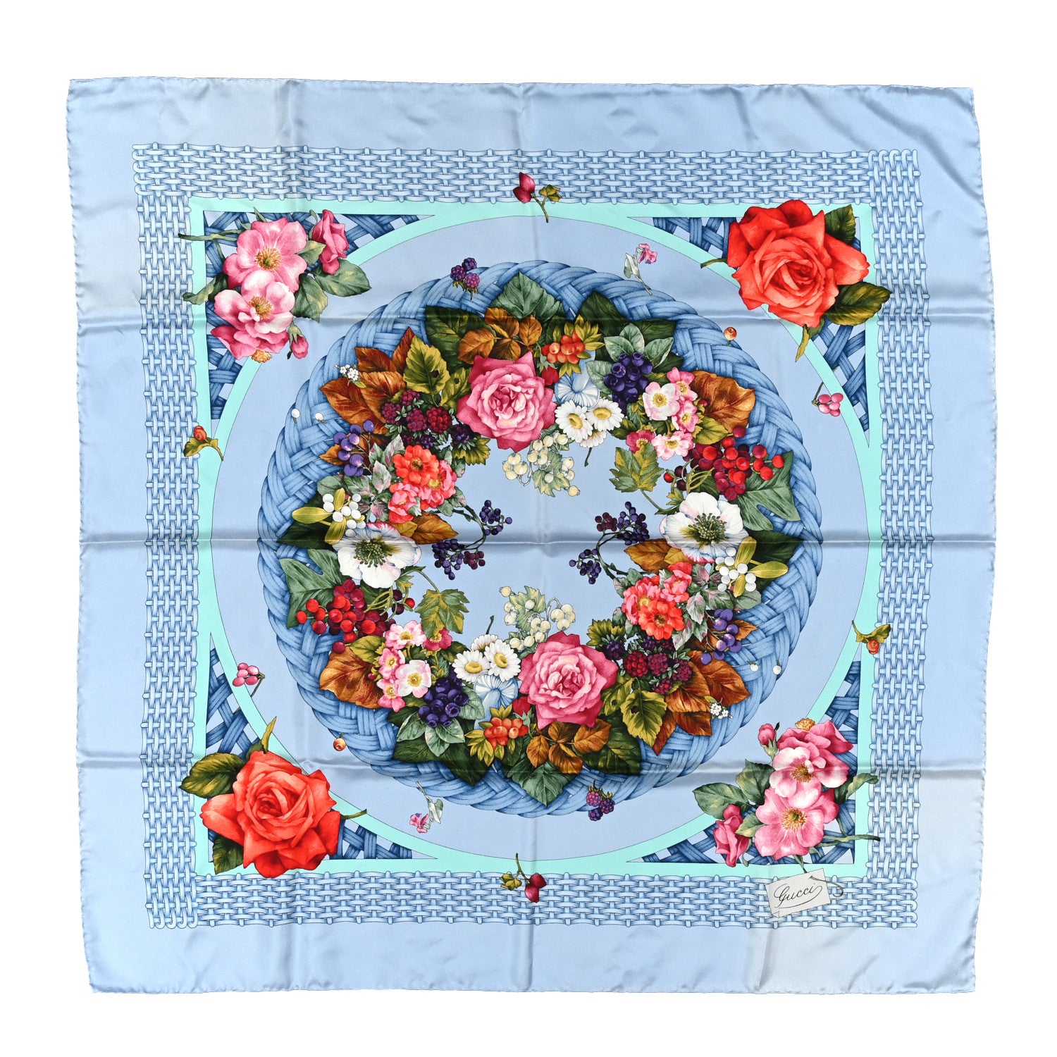Gucci Silk Twill Floral Basket Square Scarf Blue Multicolor