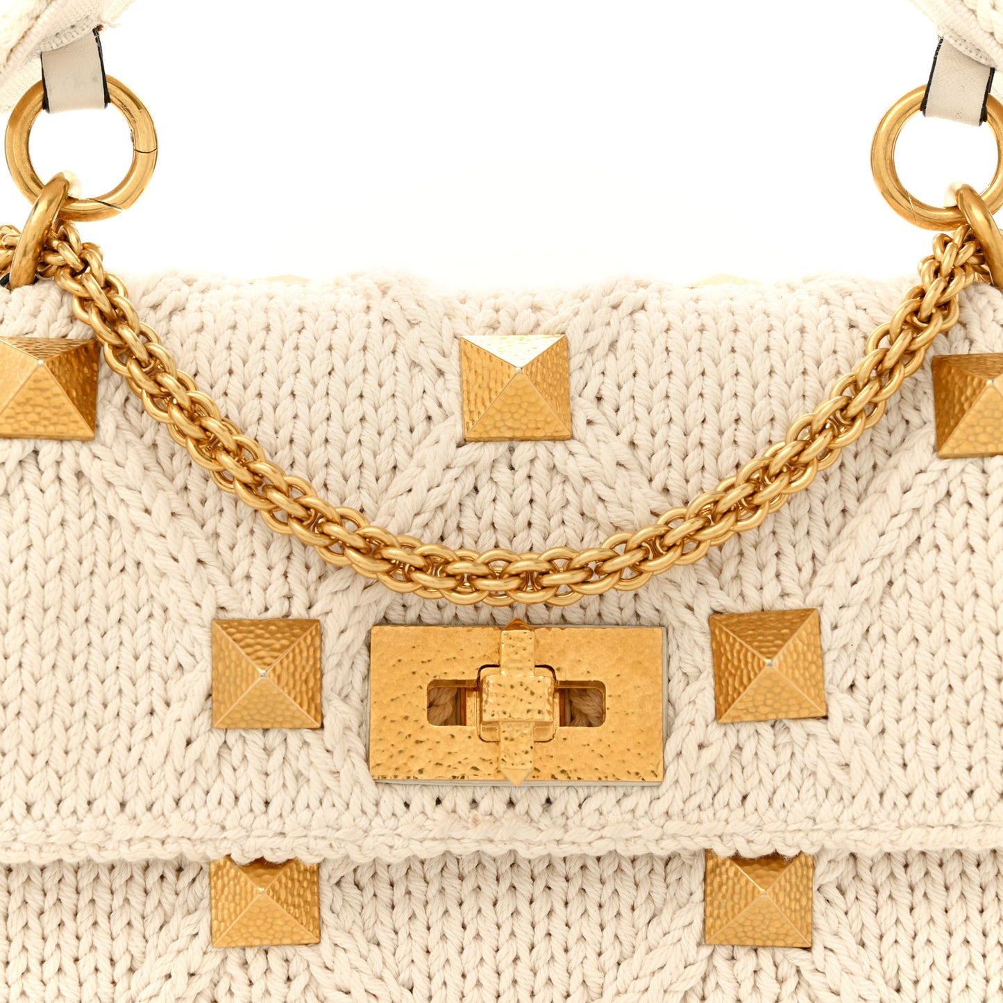 Knit Medium Roman Stud Shoulder Bag Ecru