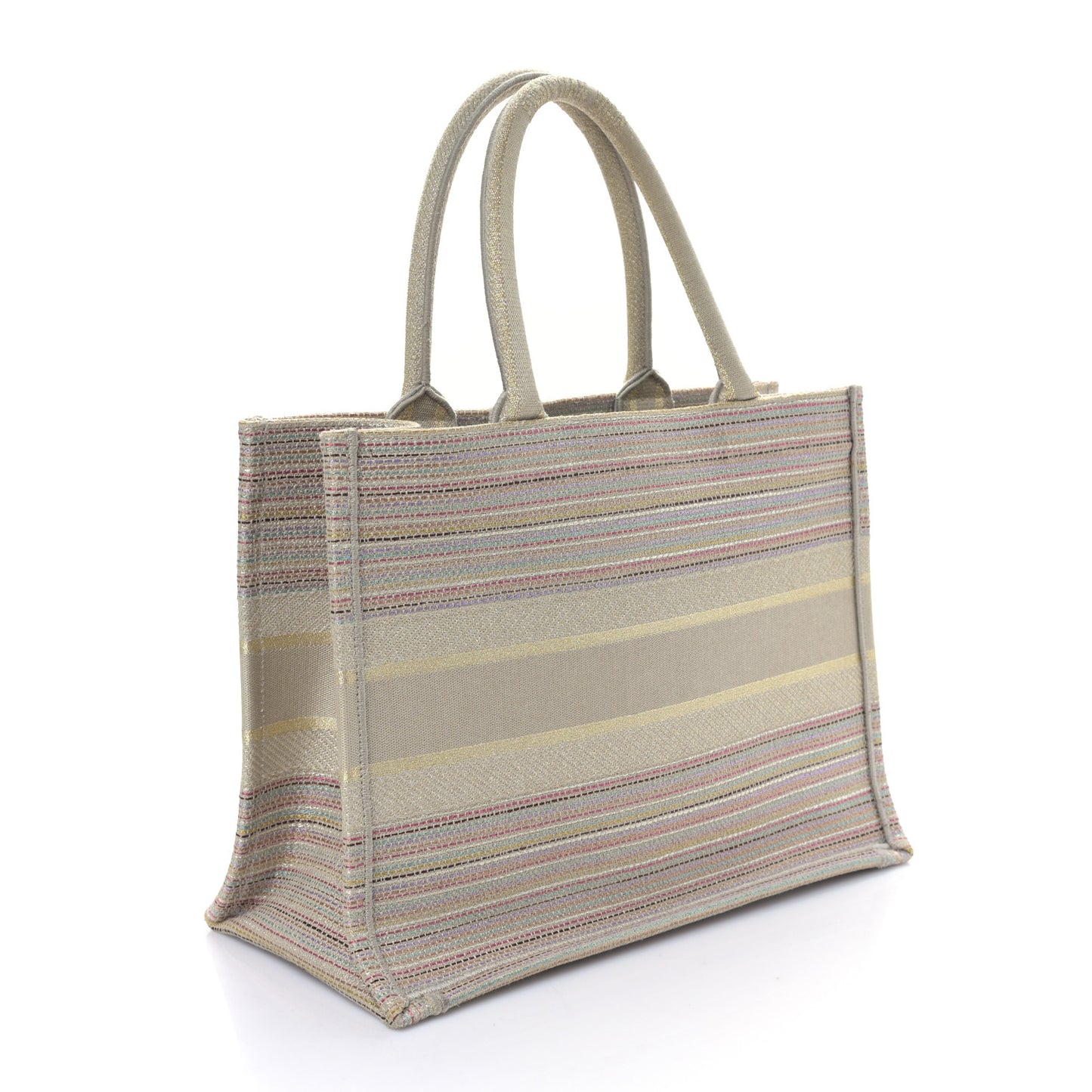 Canvas Embroidered Medium Stripes Book Tote Beige Multicolor