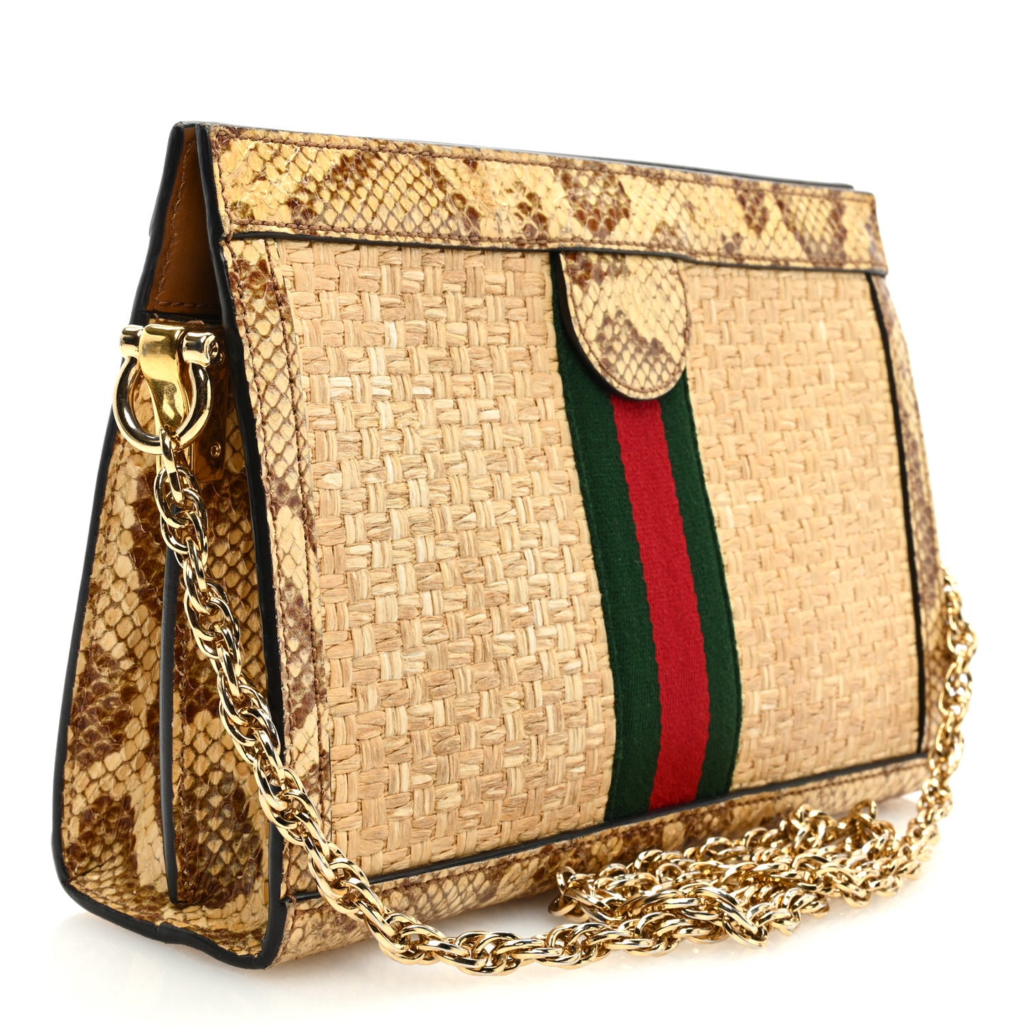 Raffia Elaphe GG Small Ophidia Chain Shoulder Bag Natural Cream Brown