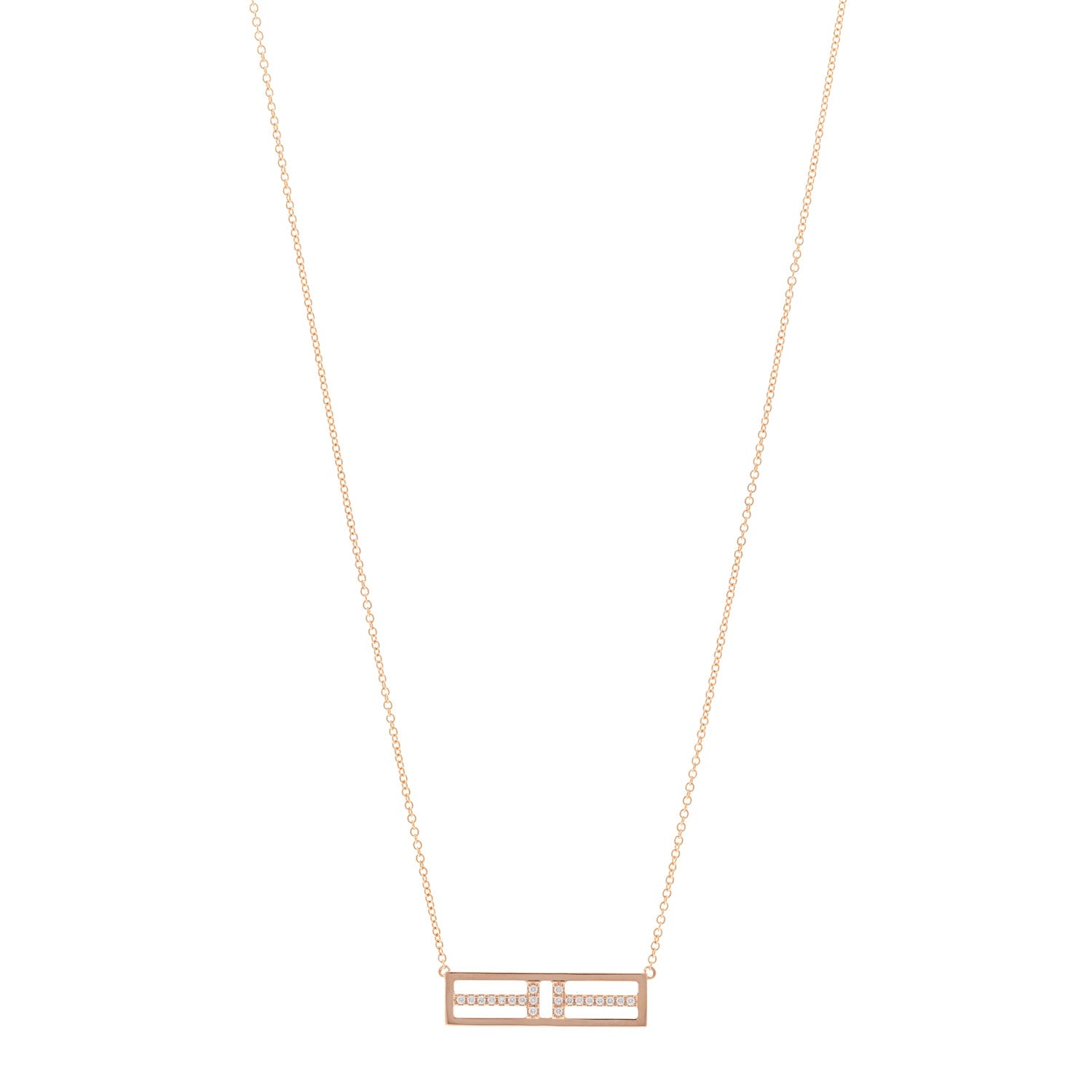 Tiffany 18K Rose Gold Diamond T Open Horizontal Bar Pendant Necklace 1 of 4