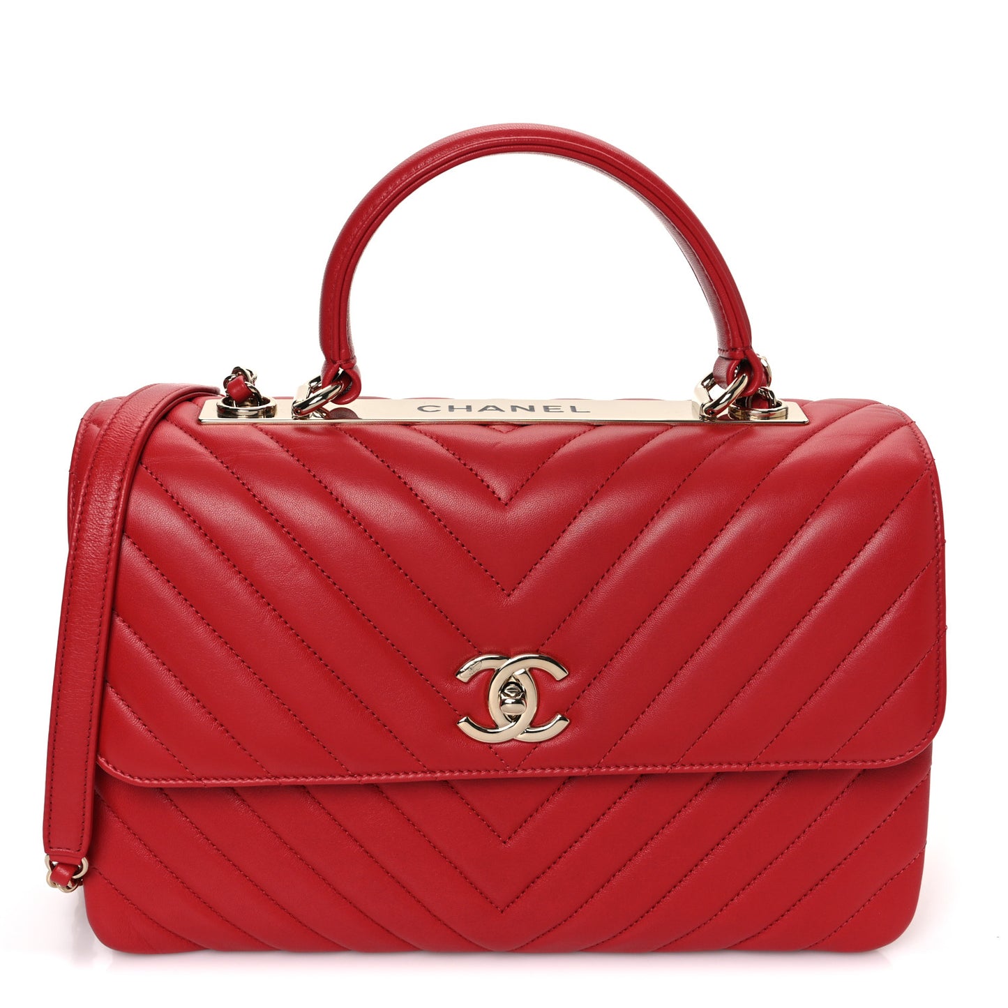 Lambskin Chevron Quilted Medium Trendy CC Dual Handle Flap Bag Red