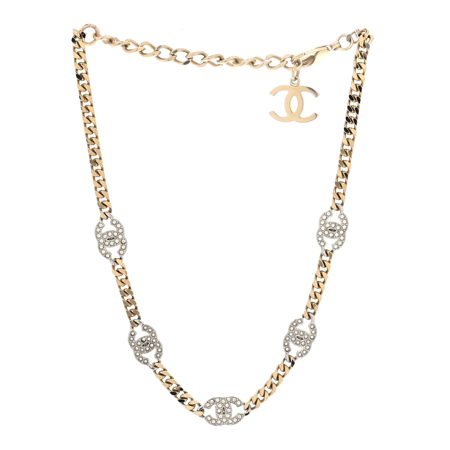 Chanel Crystal Chain CC Necklace Gold Silver 3 of 5