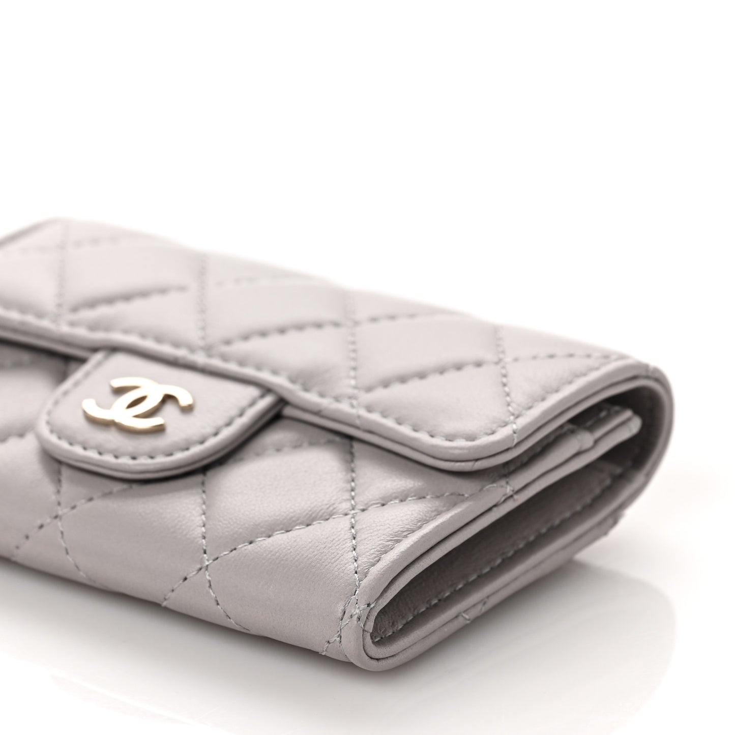 Lambskin Quilted Flap Card Holder Wallet Grey