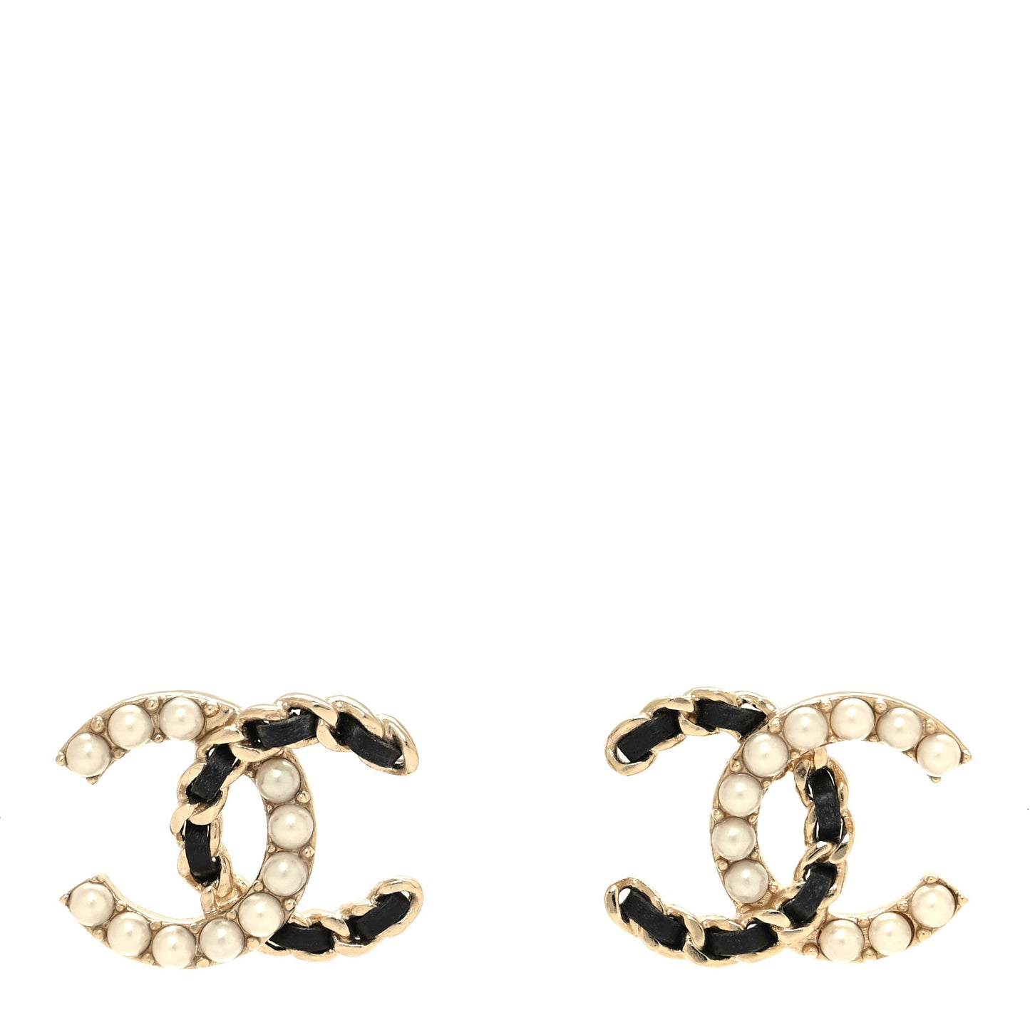 Pearl Lambskin Chain CC Stud Earrings Gold Black