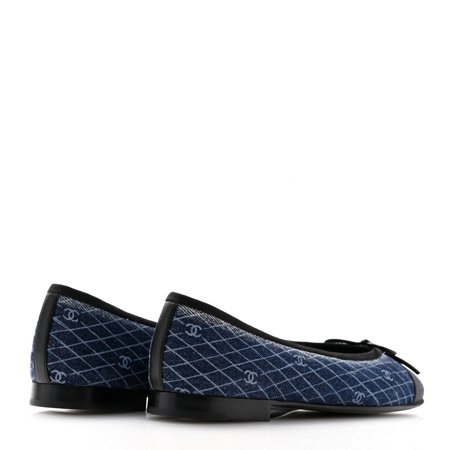 Denim Printed Quilt CC Cap Toe Ballerina Flats 36 Navy Blue Dark Grey