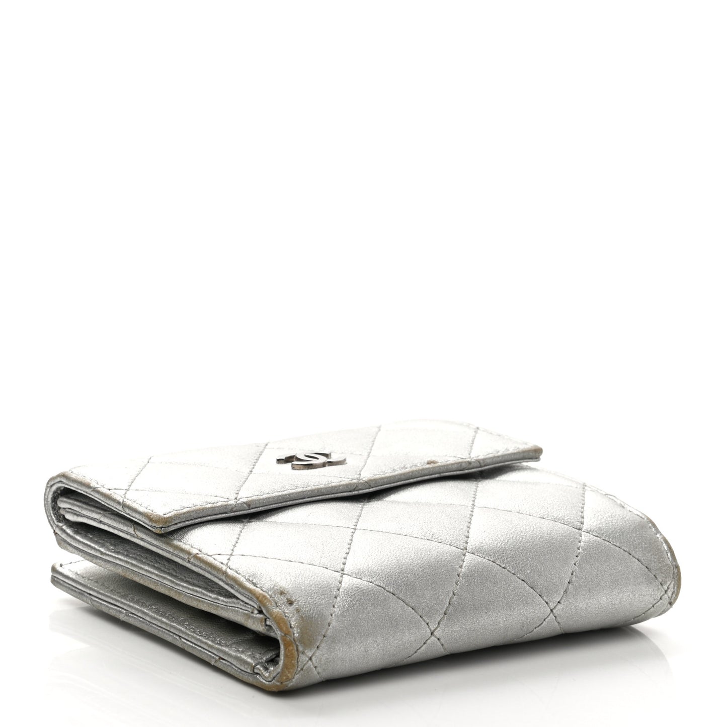 Metallic Lambskin Quilted Compact French Flap Wallet Silver