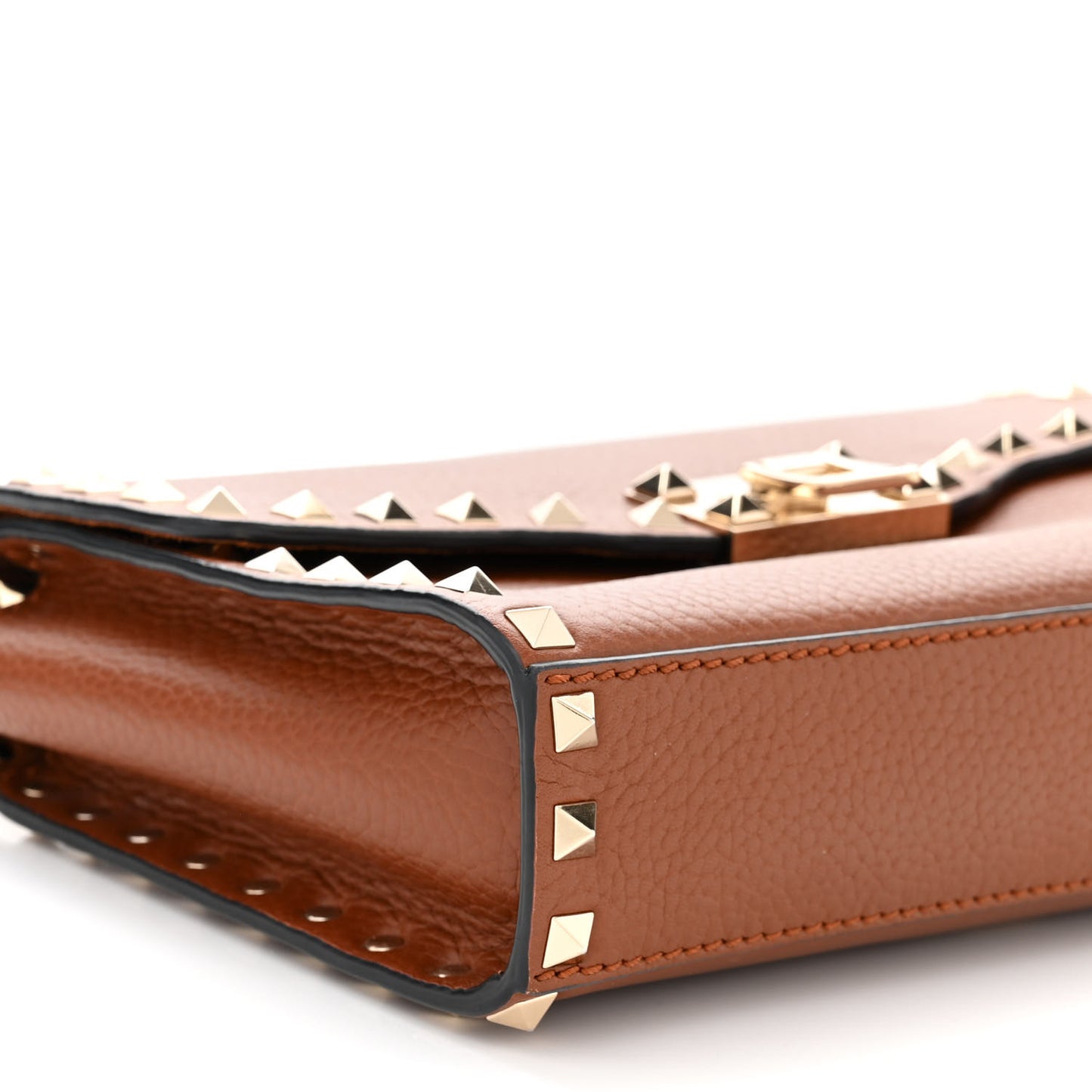 Pebbled Calfskin Medium Rockstud Flip Lock Crossbody Bag Saddle Brown