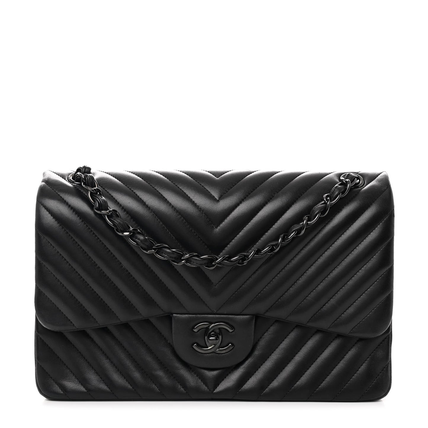 Lambskin Chevron Quilted Jumbo Double Flap So Black