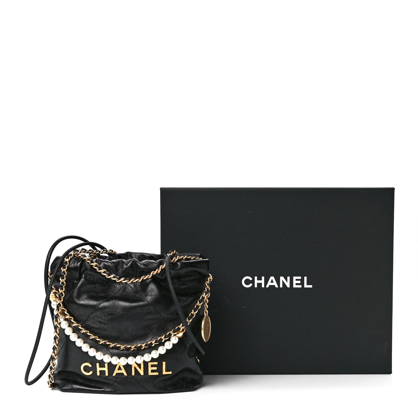 Shiny Crumpled Calfskin Quilted Pearl Mini Chanel 22 Black
