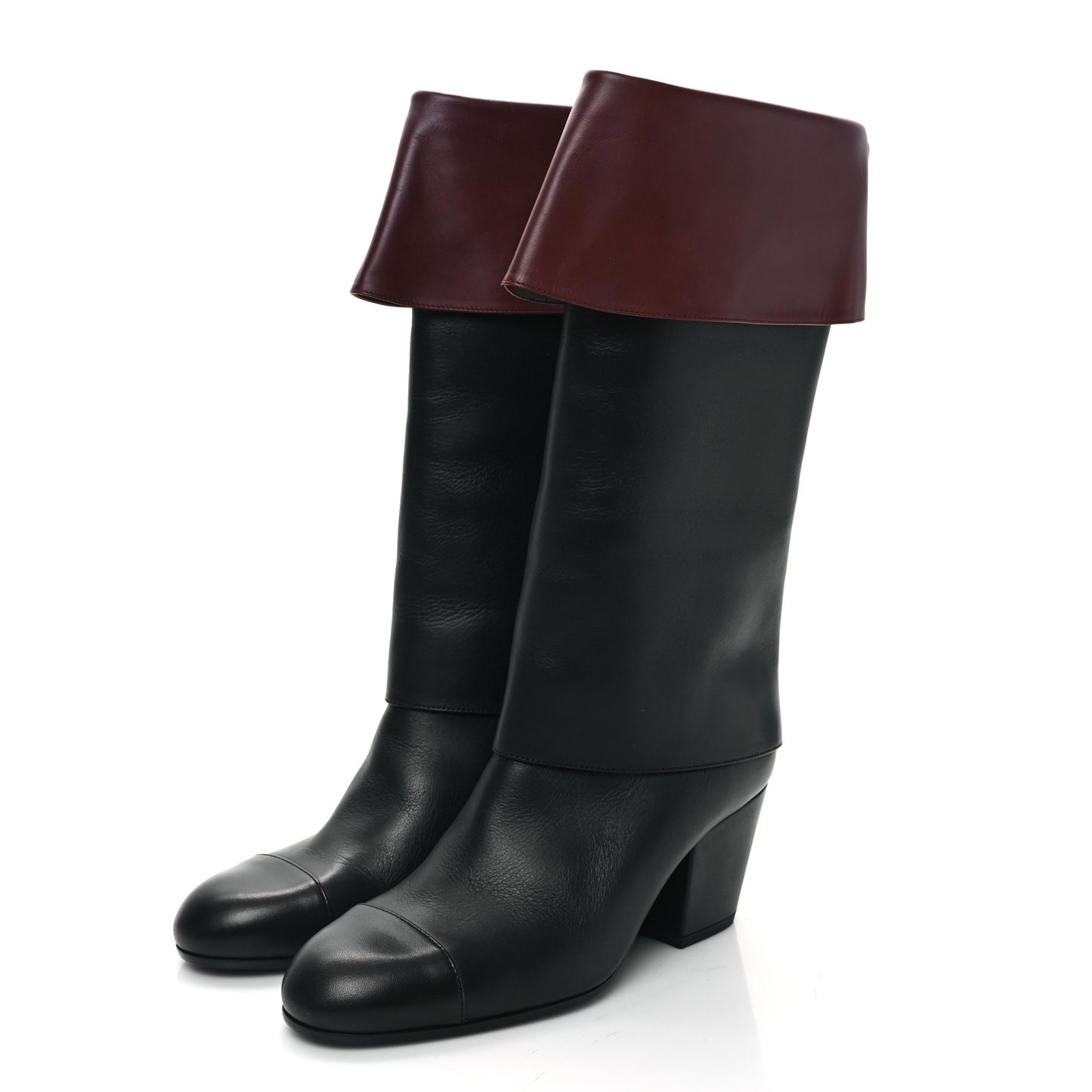 Calfskin CC Fold Over Boots 37.5 Black Brown