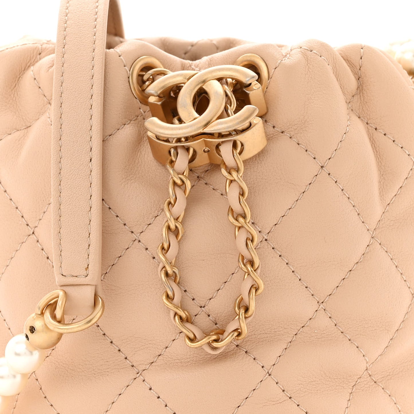 Calfskin Quilted Pearl Mini About Pearls Drawstring Bucket Bag Beige