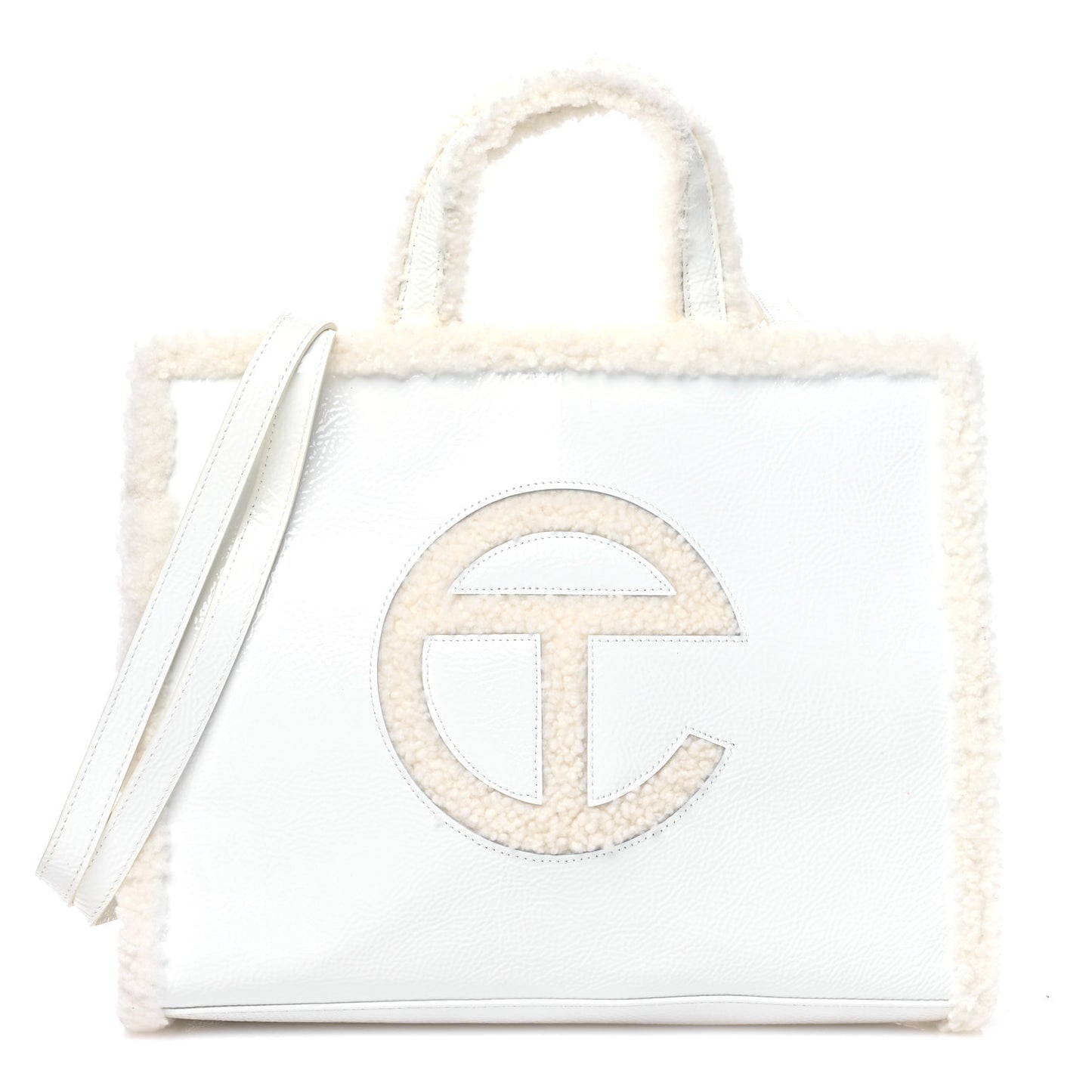 X UGG Crinkle Patent Shearling Medium Shopping Bag White