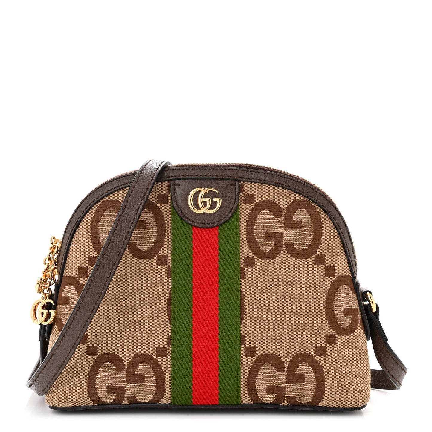 Monogram Jumbo GG Textured Dollar Calfskin Web Small Ophidia Dome Shoulder Bag Camel Ebony New Acero