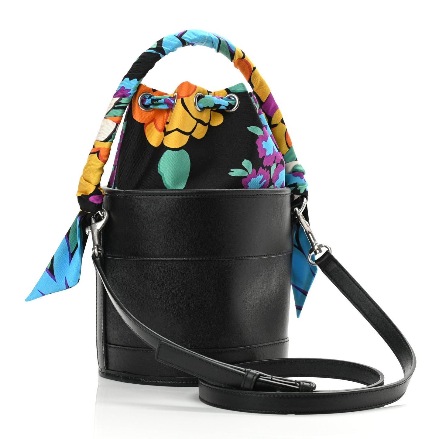 Calfskin Silk Floral Print Small Bucket Bag Black Multicolor
