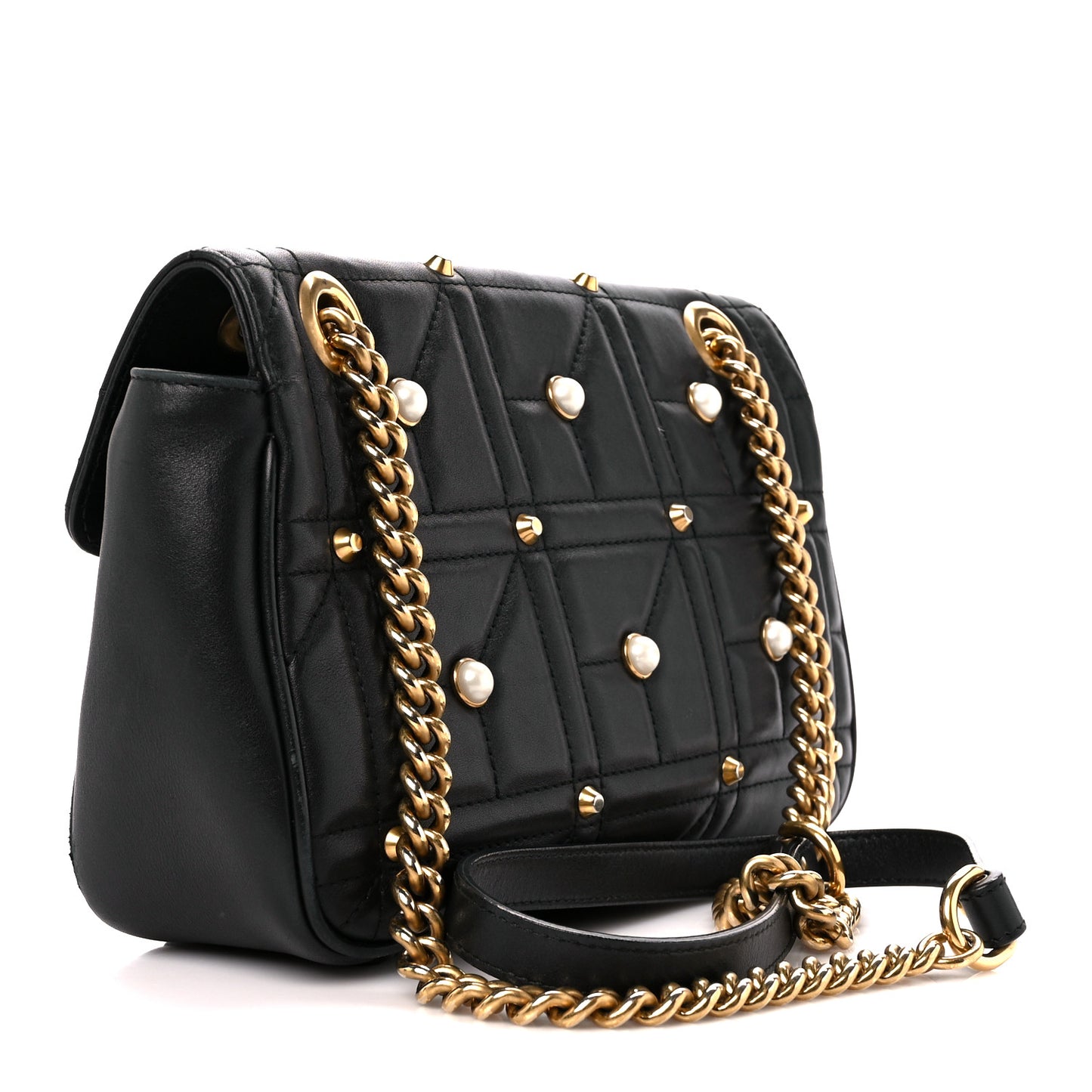 Calfskin Matelasse Studded Small Pearly GG Marmont Shoulder Bag Black