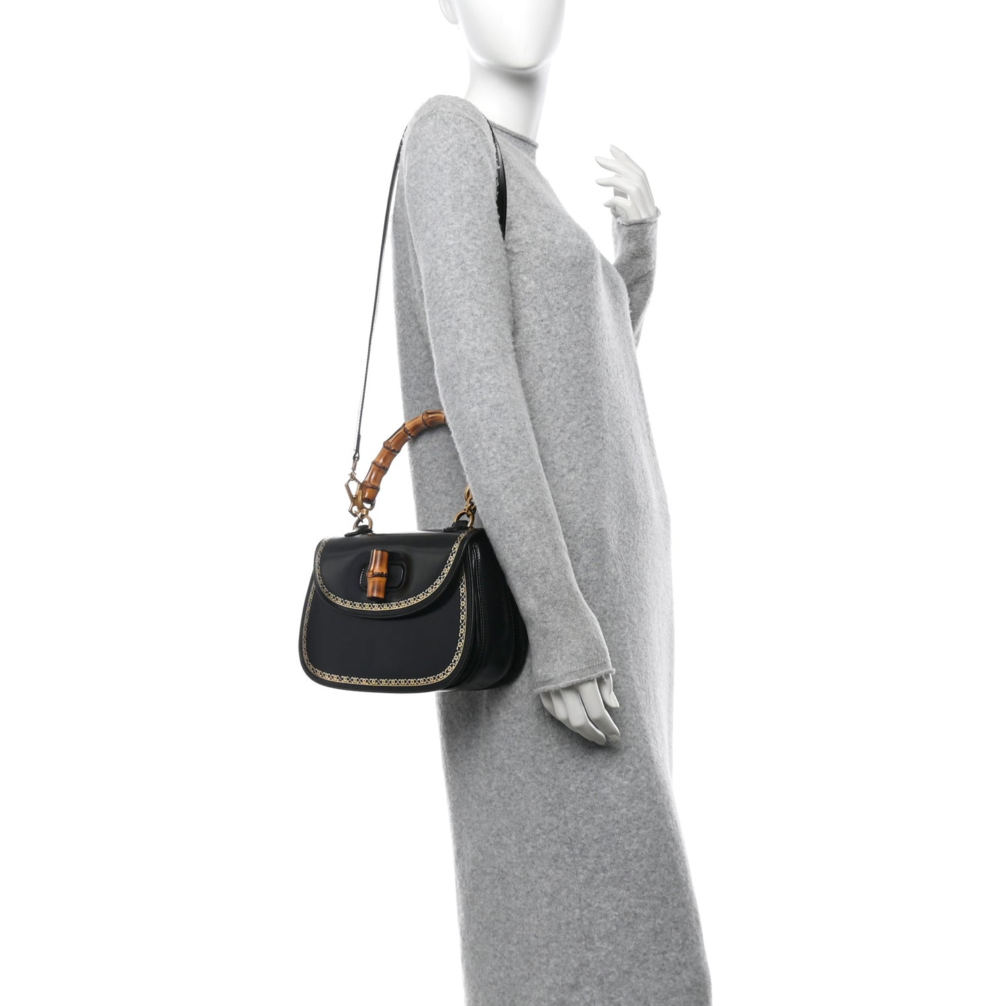 Calfskin Frame Print Bamboo Top Handle Bag Black