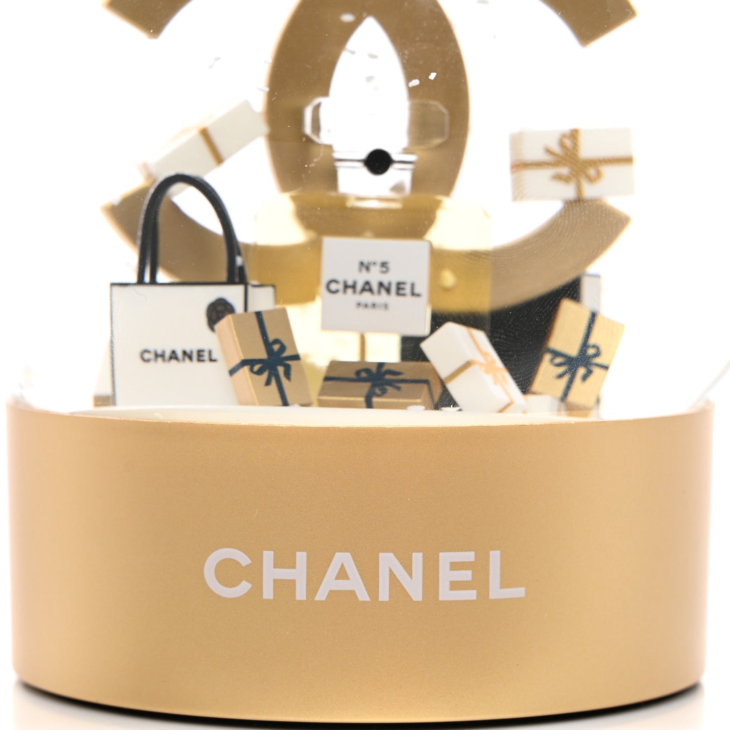 Glass CC Shopping Bag Snow Globe Gold
