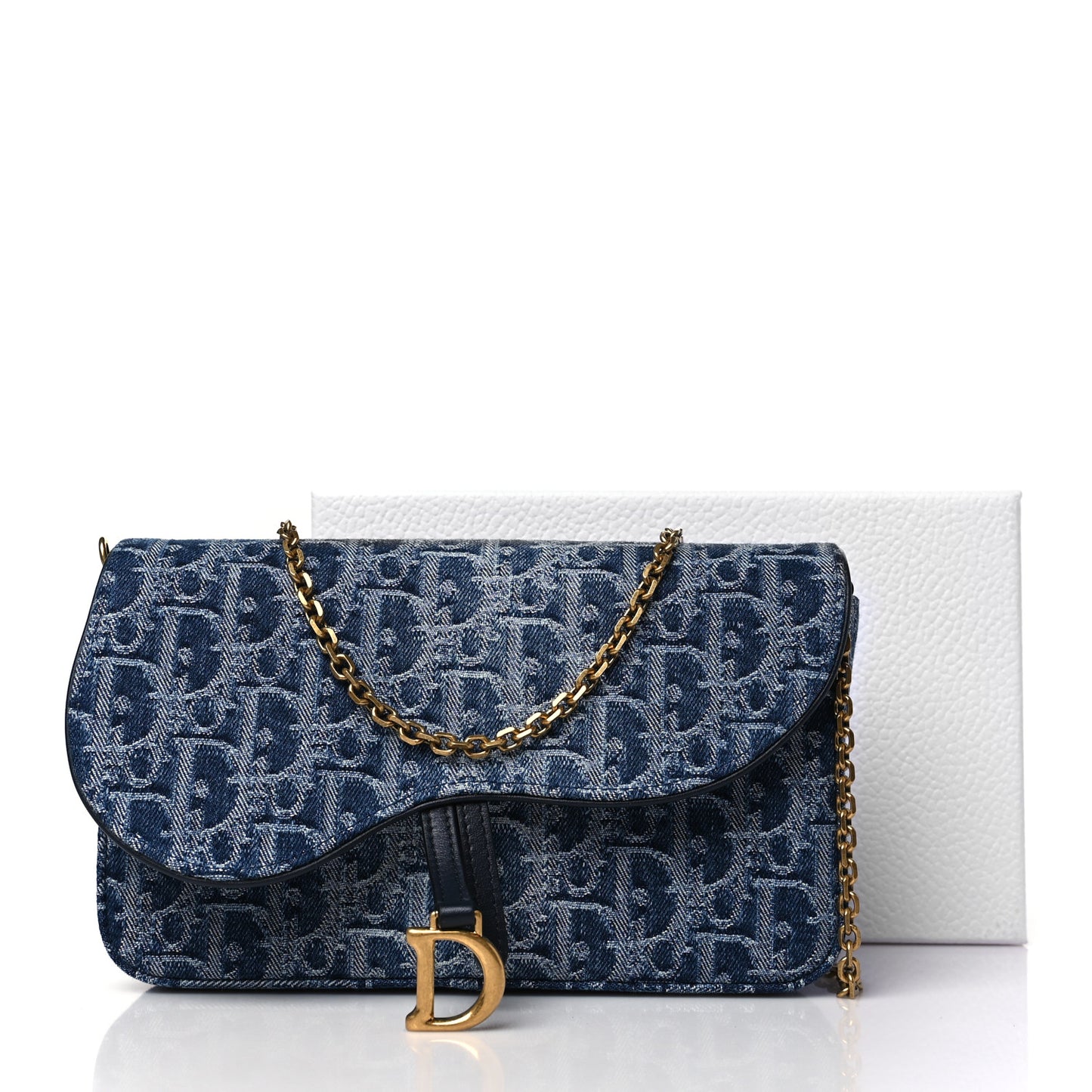 Oblique Denim Saddle Chain Long Wallet Blue