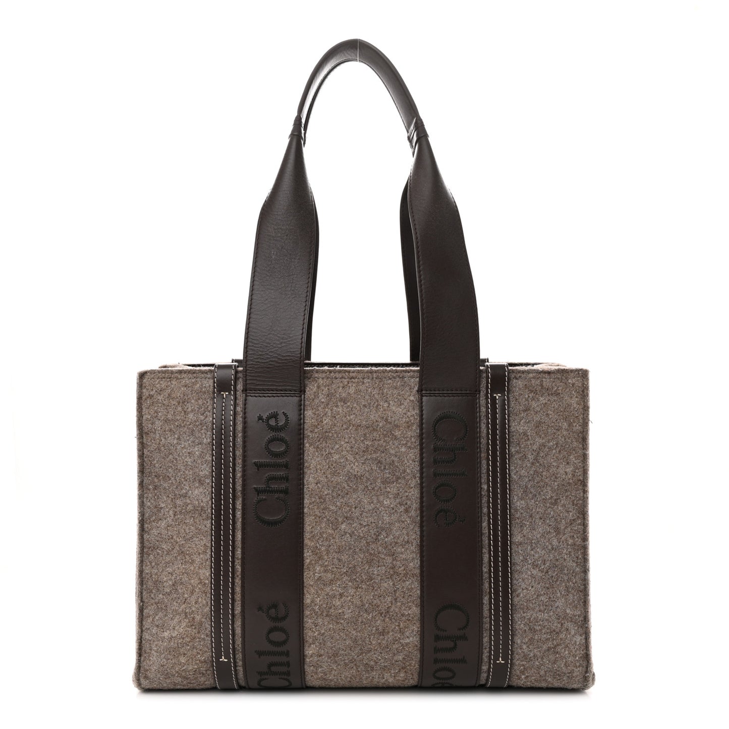 Felt Calfskin Medium Woody Ribbon Tote Deep Beige