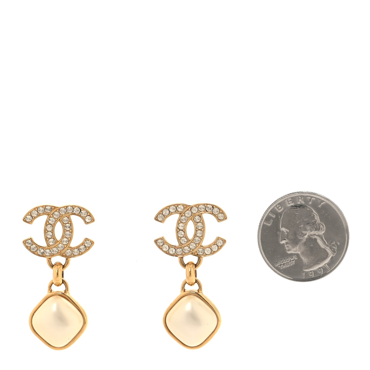 Metal Crystal Pearl CC Drop Earrings Gold