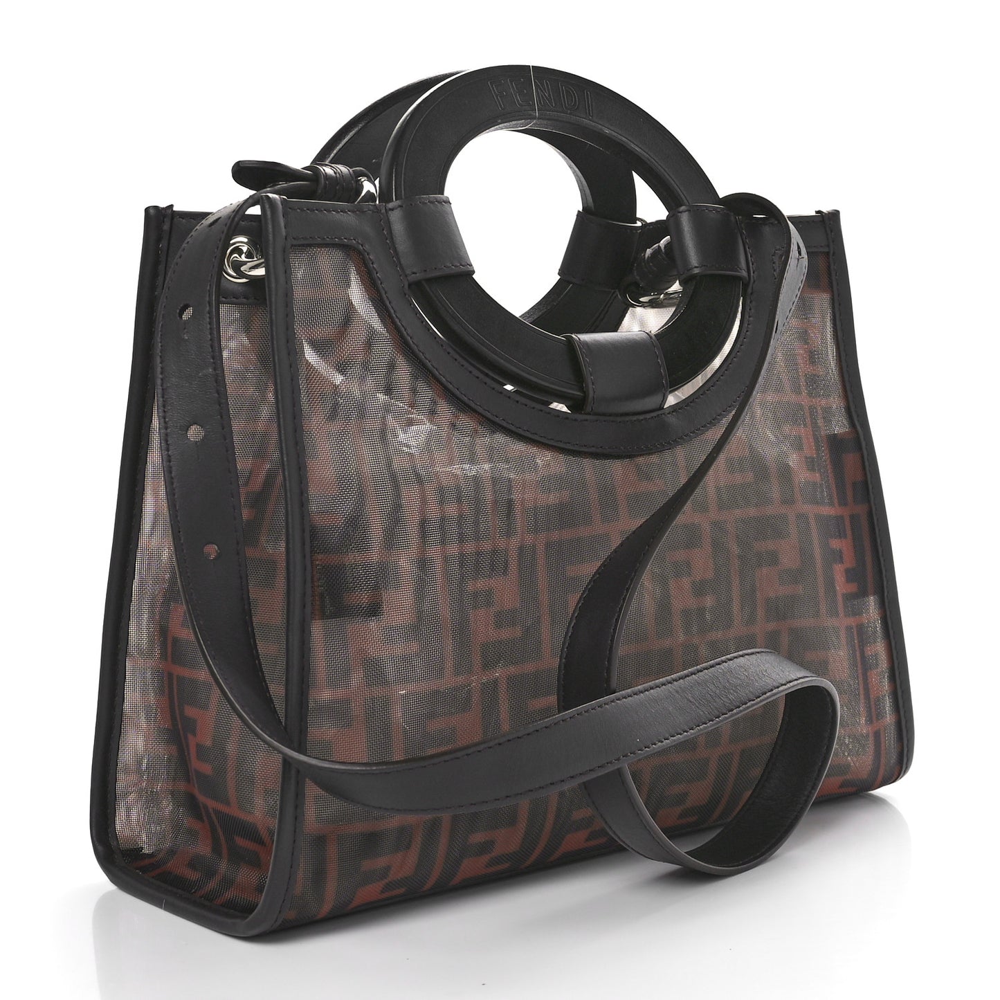 Mesh Vitello Century Cuoio FF 1974 Small Runaway Shopper Tote Marrone Black Ebano